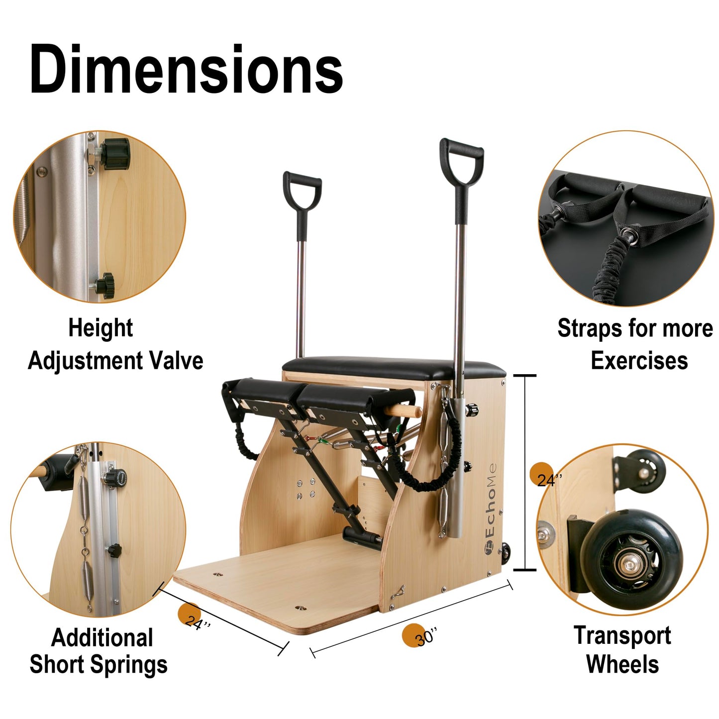 EchoMe Plates Combo Chair with Handles, Split-Pedal Stability Pilates Chair,Yoga Fitness Trainer, Pilates Reformer Machine, Pilates Equipent of Maple Wood for Home use and Studio Use(Black)