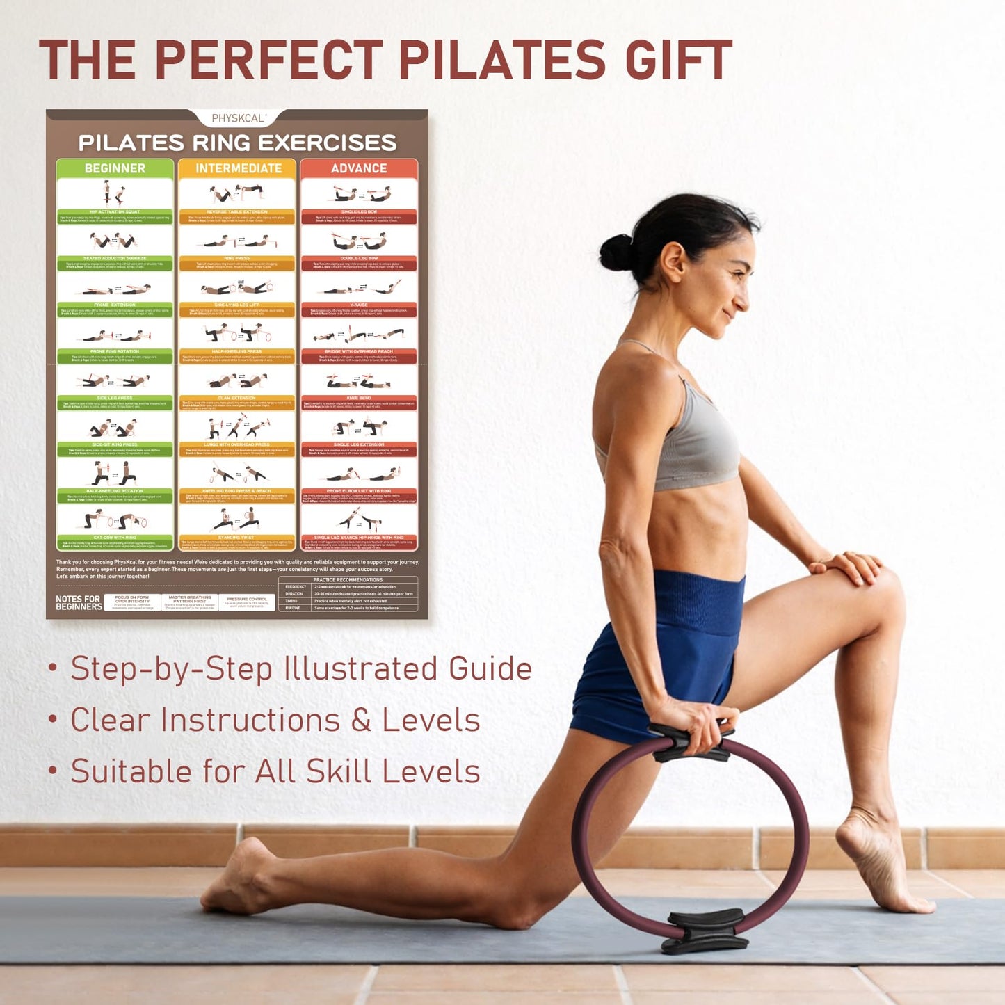 PhysKcal Pilates Ring, 15-Inch Magic Circle with Extra Thick Padded Handles, Pilates Equipment for Toning Inner Thighs, Arms and Strengthening Cores- Workout Guide Included (Plum)