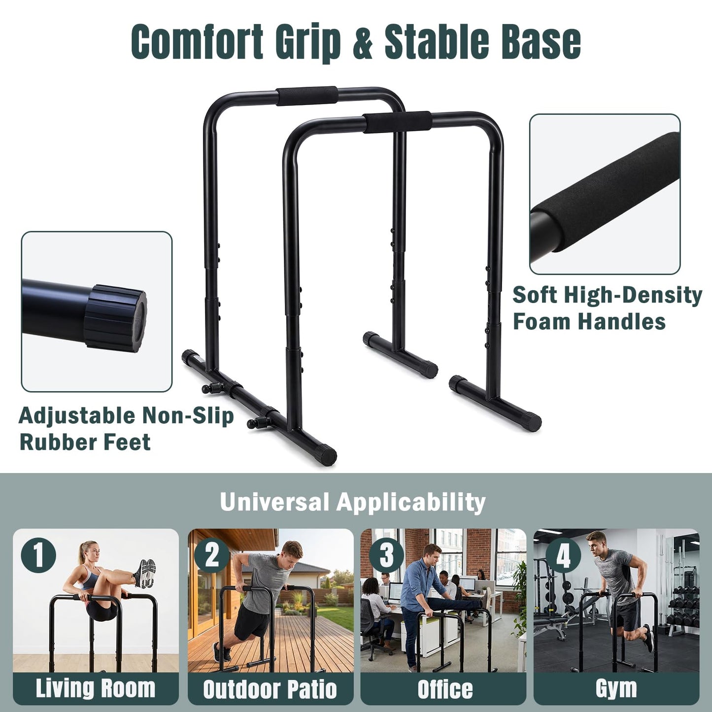 OLIXIS Dip Bar, Adjustable Heavy Duty Dip Bar Station with Soft High-Density Foam Handles, Stabilizer Parallel Parallette Bar Fitness Equipment for Home, Gym, Patio, Office(Black)