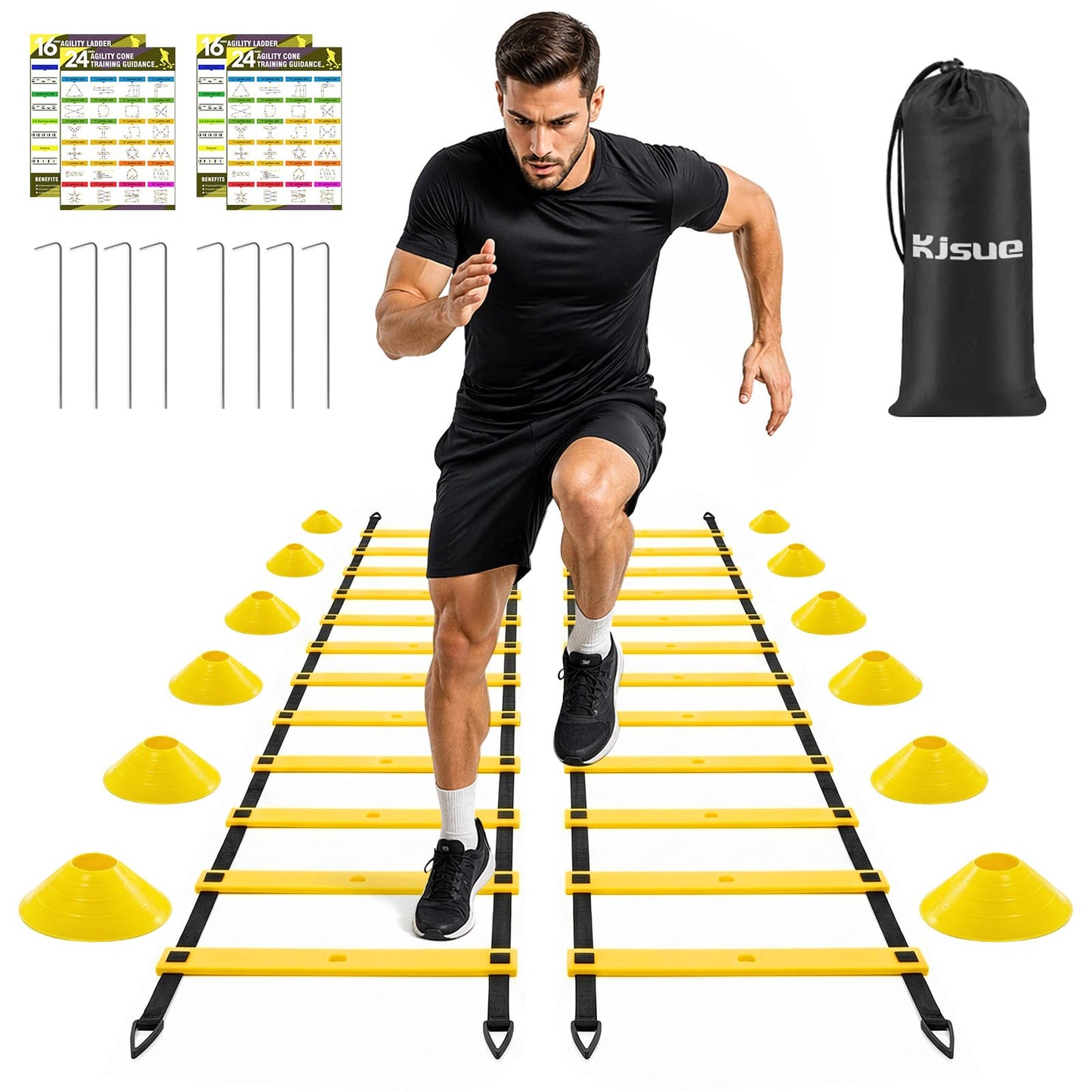 2 Pack 20ft Agility Ladder Set, 40ft Total Adjustable Speed Ladder with 12 Cones, 8 Stakes, 1 Carry Bag - Parallel Footwork Drills Gear for Football Soccer Basketball Training Equipment (Yellow)