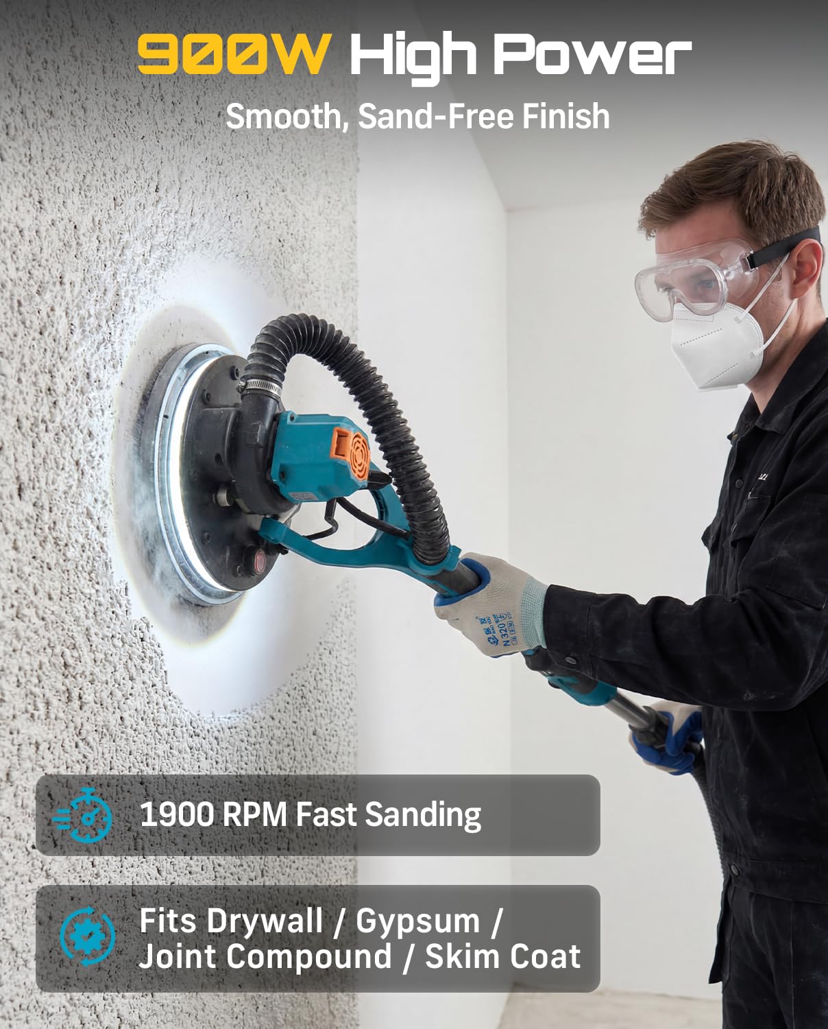 SEESII Cordless Drywall Sander with Vacuum,900W 1900RPM 2x4.0Ah Battery,Popcorn Ceiling Remover Tool,Brushless Low Noise Variable Speed,Wall Sander for Painting Prep,Foldable Telescopic,LED,12 Discs
