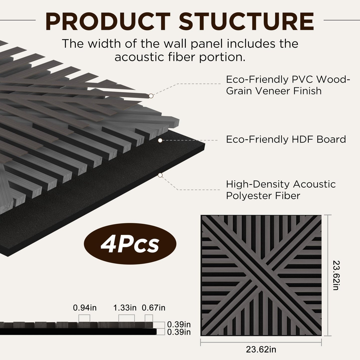 MuroPanel Acoustic Wall Panels, Decorative Acoustic Panels for Walls 23.6"x23.6", Sound Absorbing Wood Wall Panels for Interior Wall Decor, PVC Wood Grain HDF Acoustic Panels (Dark Grey, 4 Pack)