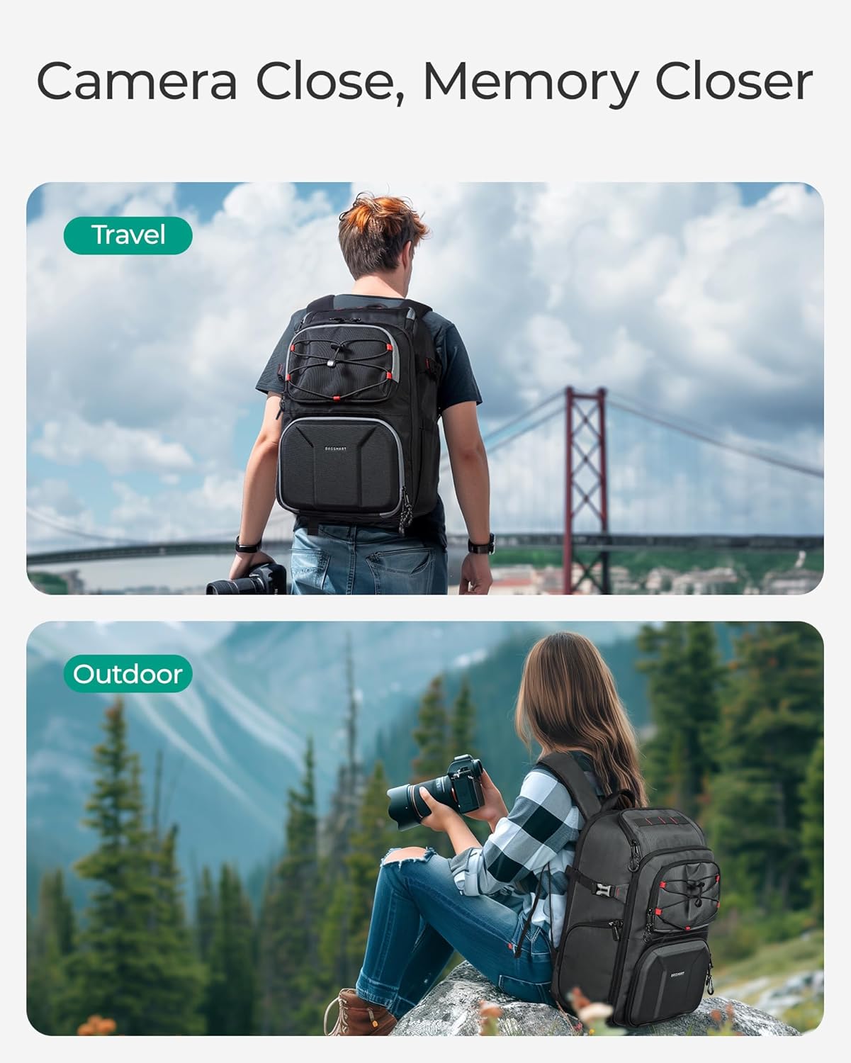 15.6" BAGSMART Camera Bag for Photographers, Professional Camera Bag Fits up to Laptop, DSLR/Drones/Tripod Camera Case