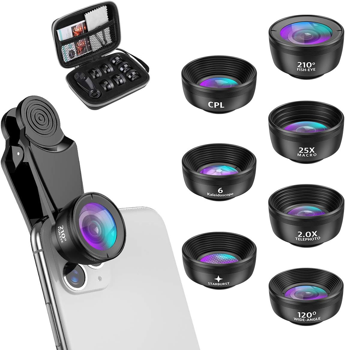 Criacr 210 120 25X 2X 6 7 1 Phone Camera Lens, Fisheye Wide Angle Macro Telephoto Star Lens CPL Kaleidoscope in Phone
