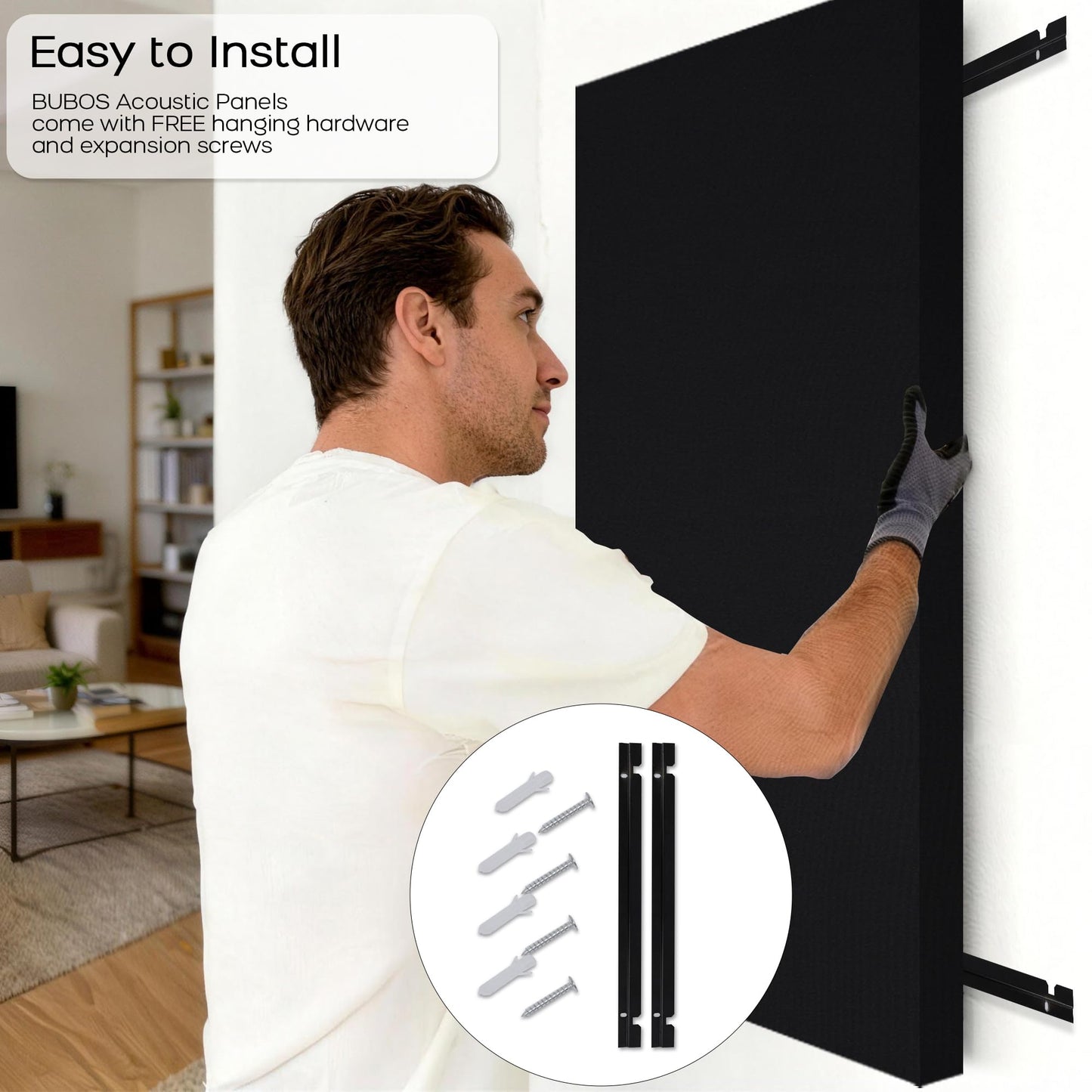 BUBOS 2-Pack Fabric Acoustic Panels with Hanging Hardware, 47.2" x 23.6" x 2" Large Soundproofing Wall Panels, High-Density Sound Absorbing Decor for Home Theater, Studio & Office,Balck