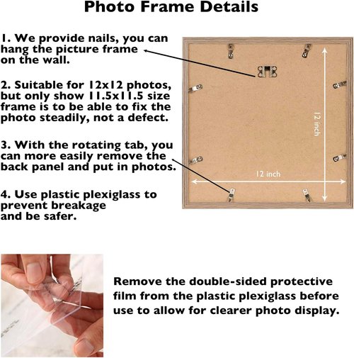 JCJMY 12x12 Inch Picture Frame - Rustic Brown Wall Gallery Frame with Shatter-Resistant Plexiglass