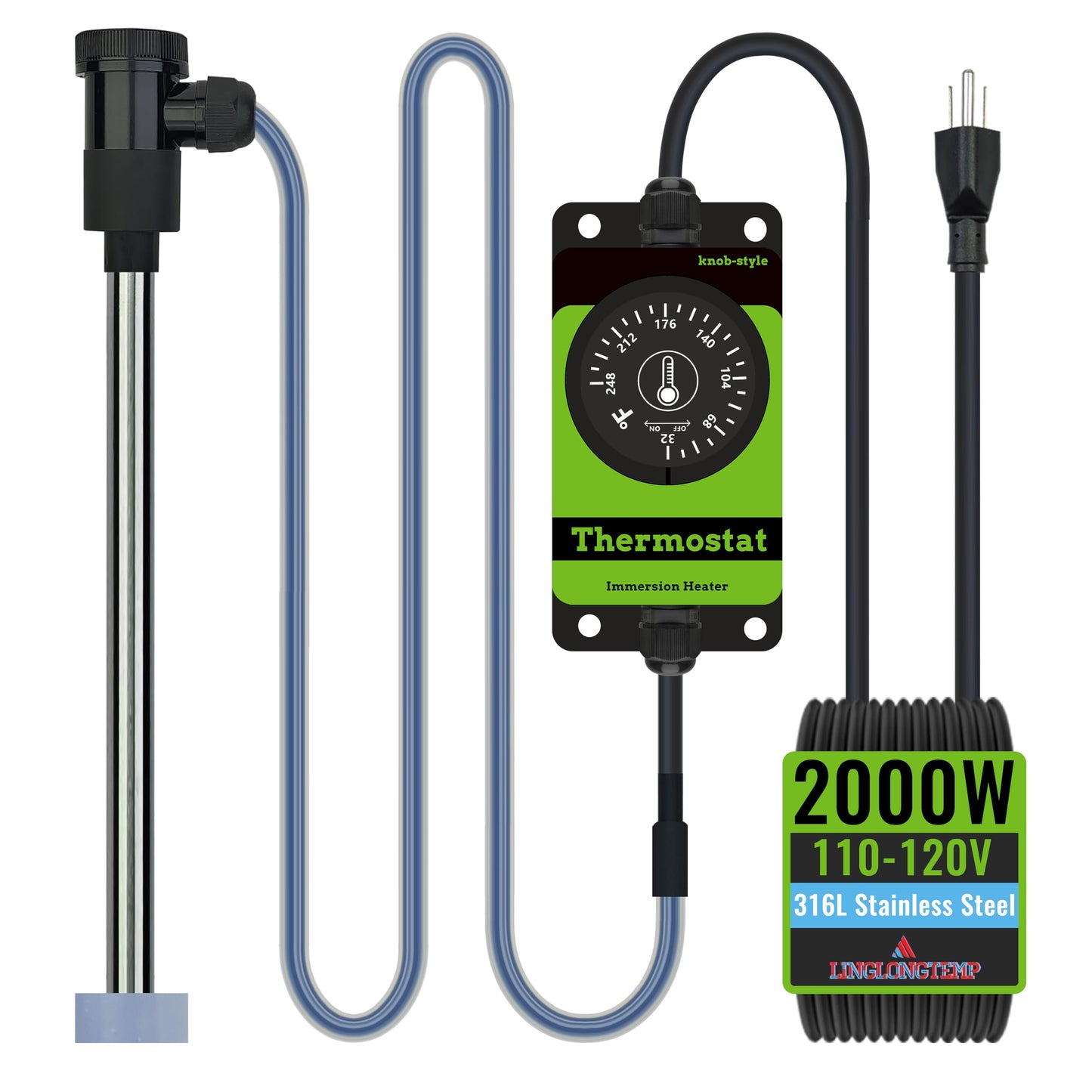 LINGLONGTEMP 2000W Submersible Pool & Hot Tub Portable Electric Immersion Water Heater with Temp Control for Bathtub, Pond, Inground Pool, Inflatable Pool, Baptism, Sap, Baptismal & Above Ground Pool