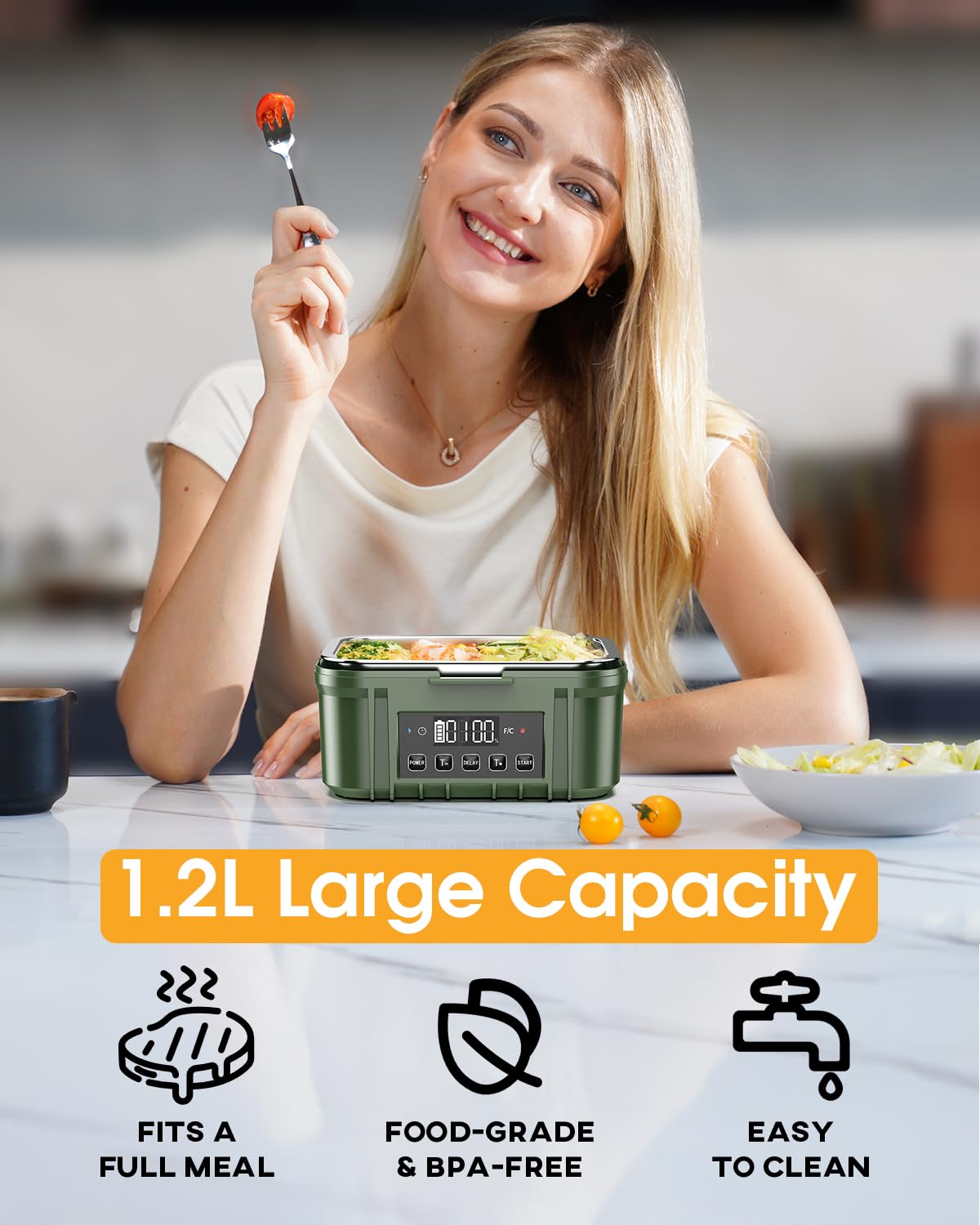 FERVINOW Cordless Electric Lunch Box for Adults – Battery-Powered Heated Lunch Box with 1.2L Stainless Steel Container, Timer Function, and Leak-Proof Food Warmer for Work, Travel & Office