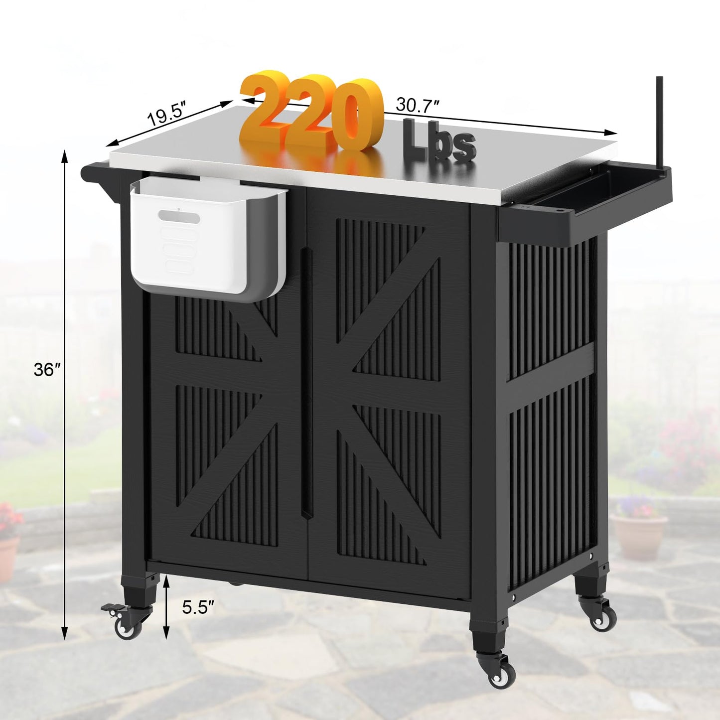 evixor Outdoor Grill Cart with Stainless Steel Tabletop, Outdoor Kitchen Island with Storage Cabinet, Grill Cart with Folding Trash Can, 4 Wheels (2 Lockable) for Patio, Backyard, Garden and Poolside