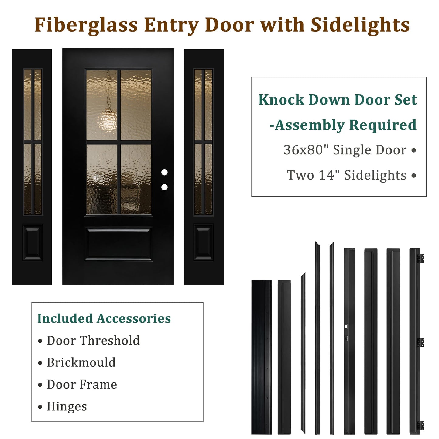 Exterior Fiberglass Front Door 68x80in, Left-Hand Inswing Black Entry Door with 14'' sidelites, Textured Finished with Hammered Glass Knock-Down Entry Door, Vinyl Frame and Brickmould Included