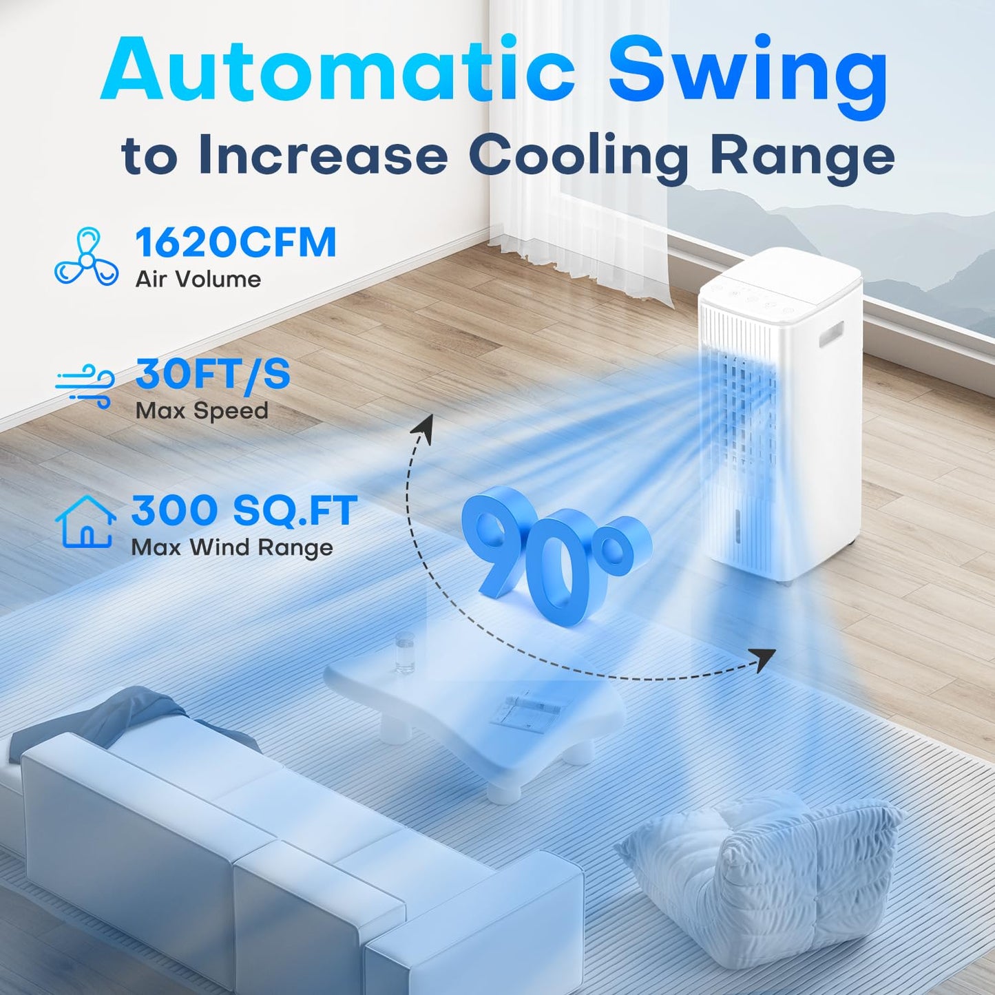 MYICY Evaporative Air Cooler, 25 Inch Swamp Cooler Air Conditioner w/Double Tanks, 7H Timer, 16ft Remote, 3 Ice Packs, 70° Oscillation, 3 Speeds & 2 Modes, 60W Portable Windowless Air Conditioner