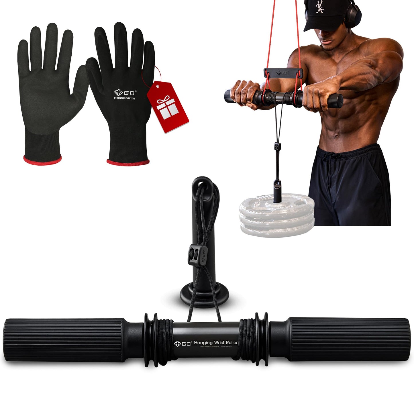 GD Hanging Wrist Roller PRO – Forearm Trainer & Grip Strengthener, Thick Grip Wrist Roller for Forearm Exercise, Grip circumference 6.2 inches, Precision Bearings, Heavy-Duty Aluminum, Includes Gloves