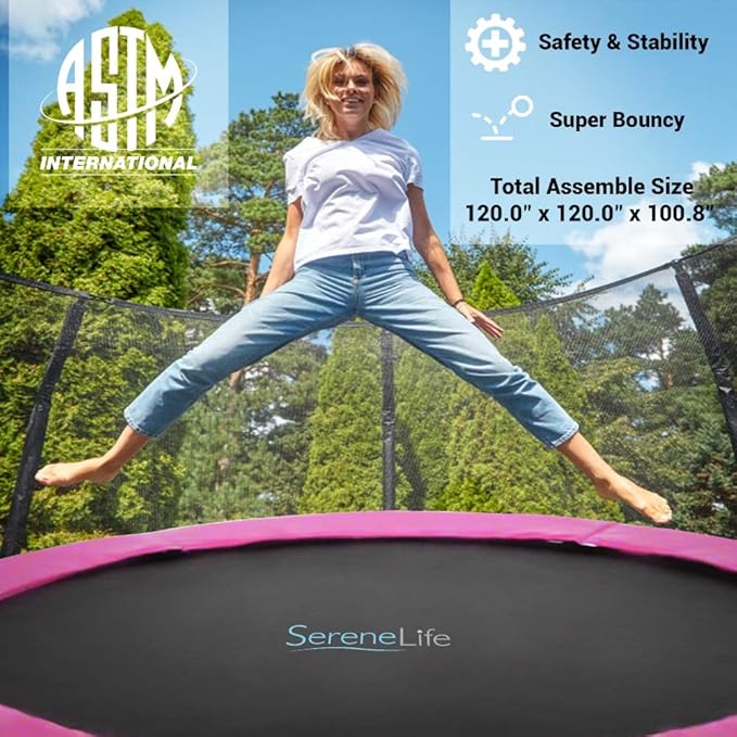 SereneLife 10ft Outdoor Trampoline with Safety Net Enclosure - Large Backyard Trampoline for Kids, Teens & Adults, Weather-Resistant Jumping Mat, Sturdy Frame, Perfect for Family Fun, 120"x120"x100.8"