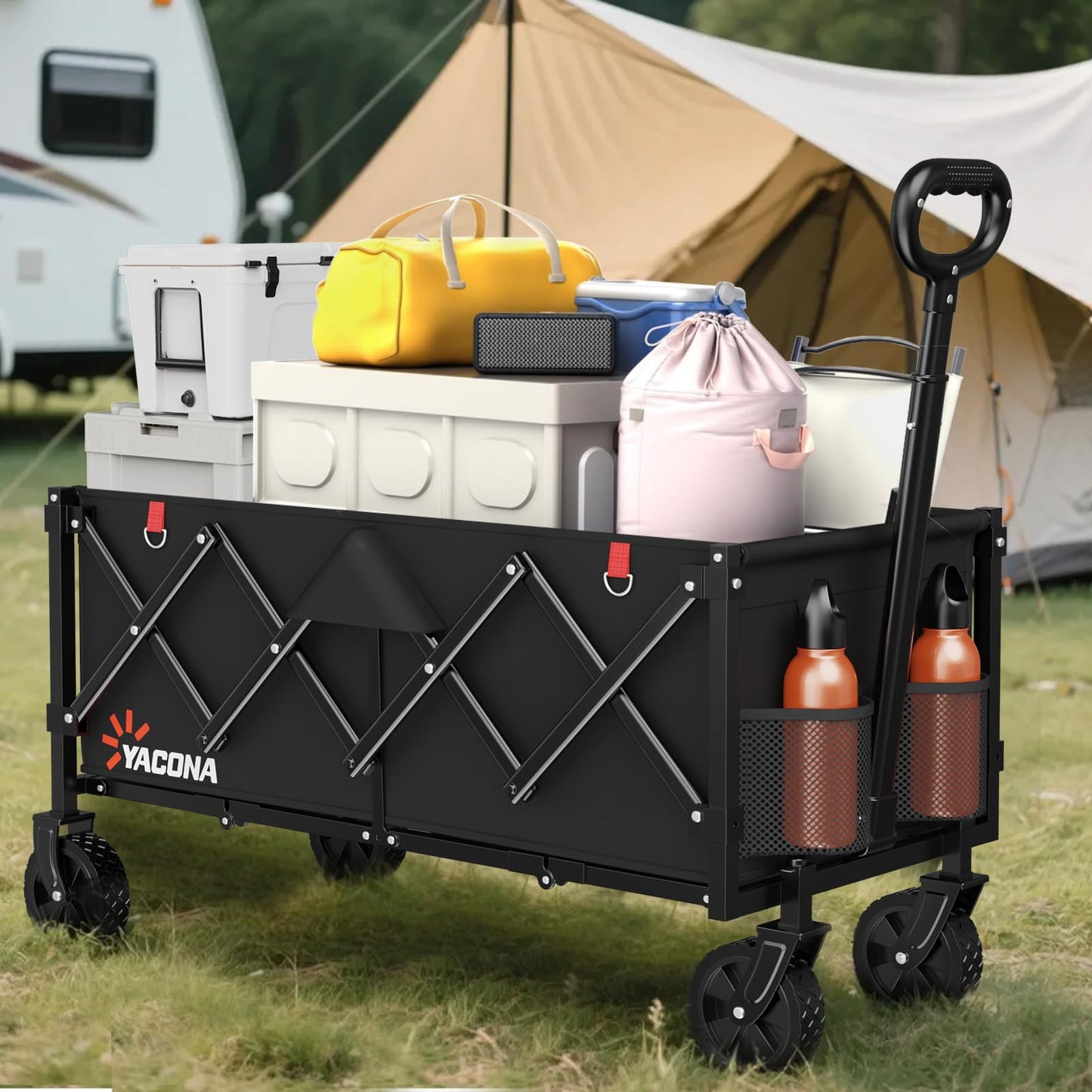 35" L Extra Long Wagons Carts Foldable, 360LBS Heavy Duty Collapsible Wagon with Wheels, Folding Wagon Portable Utility Cart for Groceries, Shopping, Camping, Sports