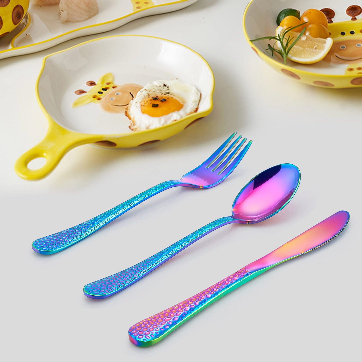 LIANYU 12-Piece Rainbow Kids Silverware Set, Stainless Steel Toddler Utensils, Hammered Preschooler Metal Flatware Cutlery Set, Children Tableware Includes Knives Forks Spoons, Dishwasher Safe