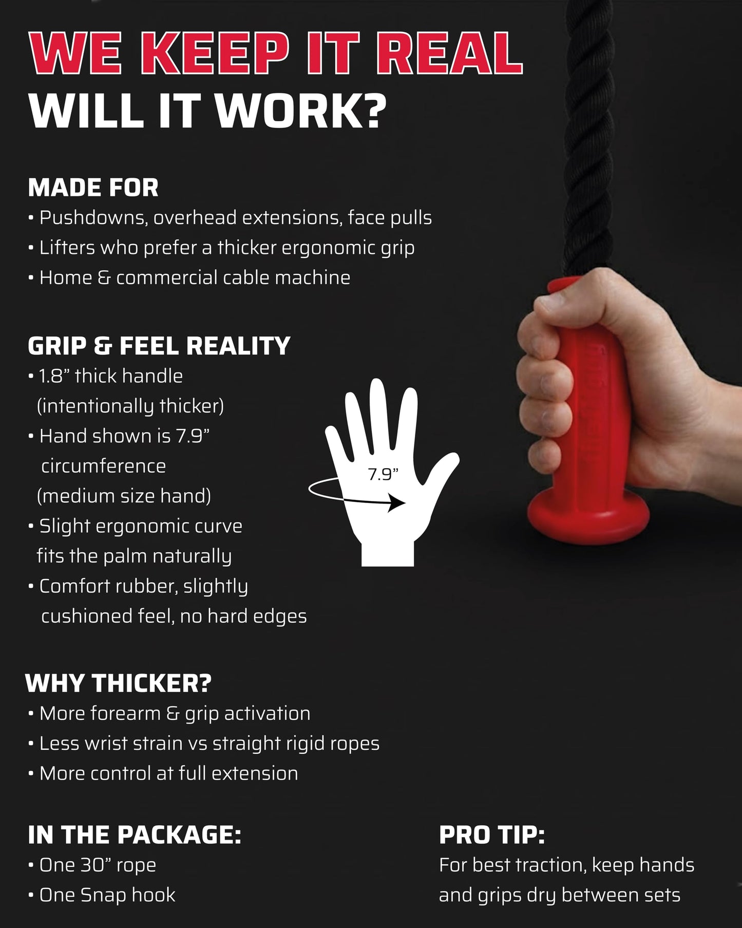 THEFITGUY Ergonomic Tricep Rope | 30” Non-Slip Cable Attachment | Wrist Pressure Relief | Grip Strength & Forearm Activation | Home & Commercial Gym Accessory | for Cable Machine & Smart Gym