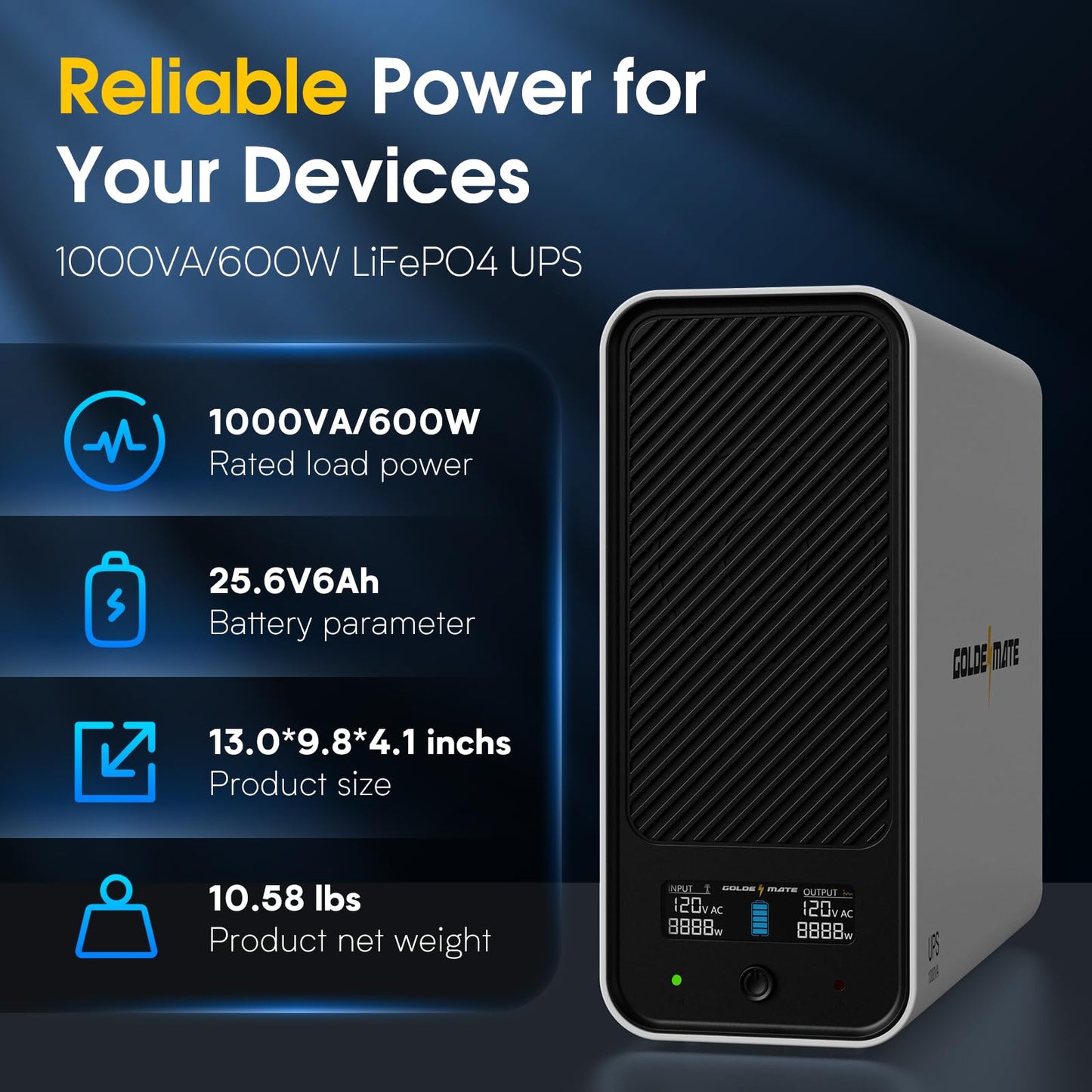GOLDENMATE 1000VA/600W Lithium UPS Battery Backup and Surge Protector, Sinewave UPS System with LiFePO4 Battery(153.6 Wh), Upgraded Pro Ver. with Communication Port, 8 Outlets, LCD Display, White