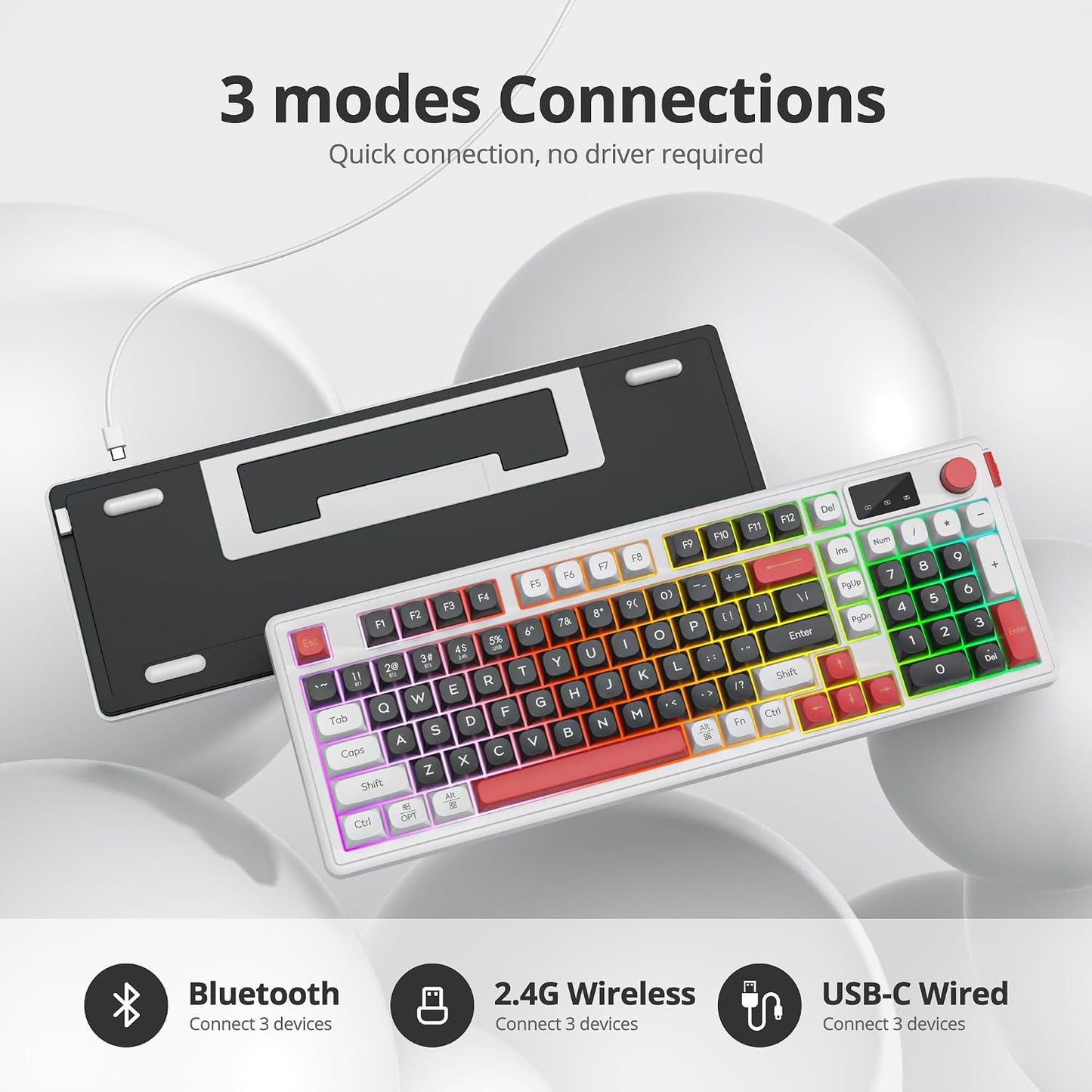 Mosptnspg Wired/Bluetooth/2.4G (98 RGB Mechanical Feel Membrane Wireless Keyboard, Silent ABS Ball Cap Gasket Structure