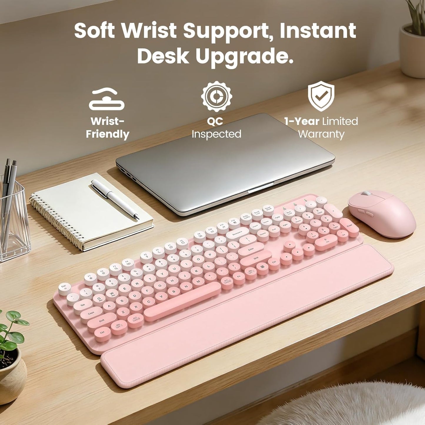 SABLUTE 2-Stage 2.4GHz Wireless Keyboard and Mouse Combo, Magnetic Soft-Touch Wrist Rest, Round Keycaps, Full-Size