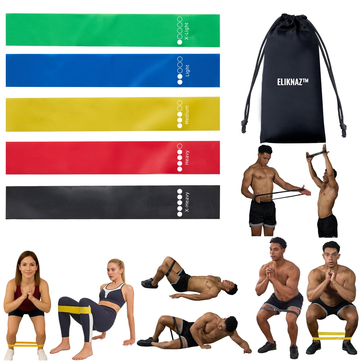 Eliknaz Resistance Loop Bands, Exercise Bands,Multi Resistance Levels,Carry Bag, Wrist, Glute, Leg and Arm Workout Bands, Strength Training, Stretching, Physical Therapy,Yoga, Pilates Set of 5 Loops