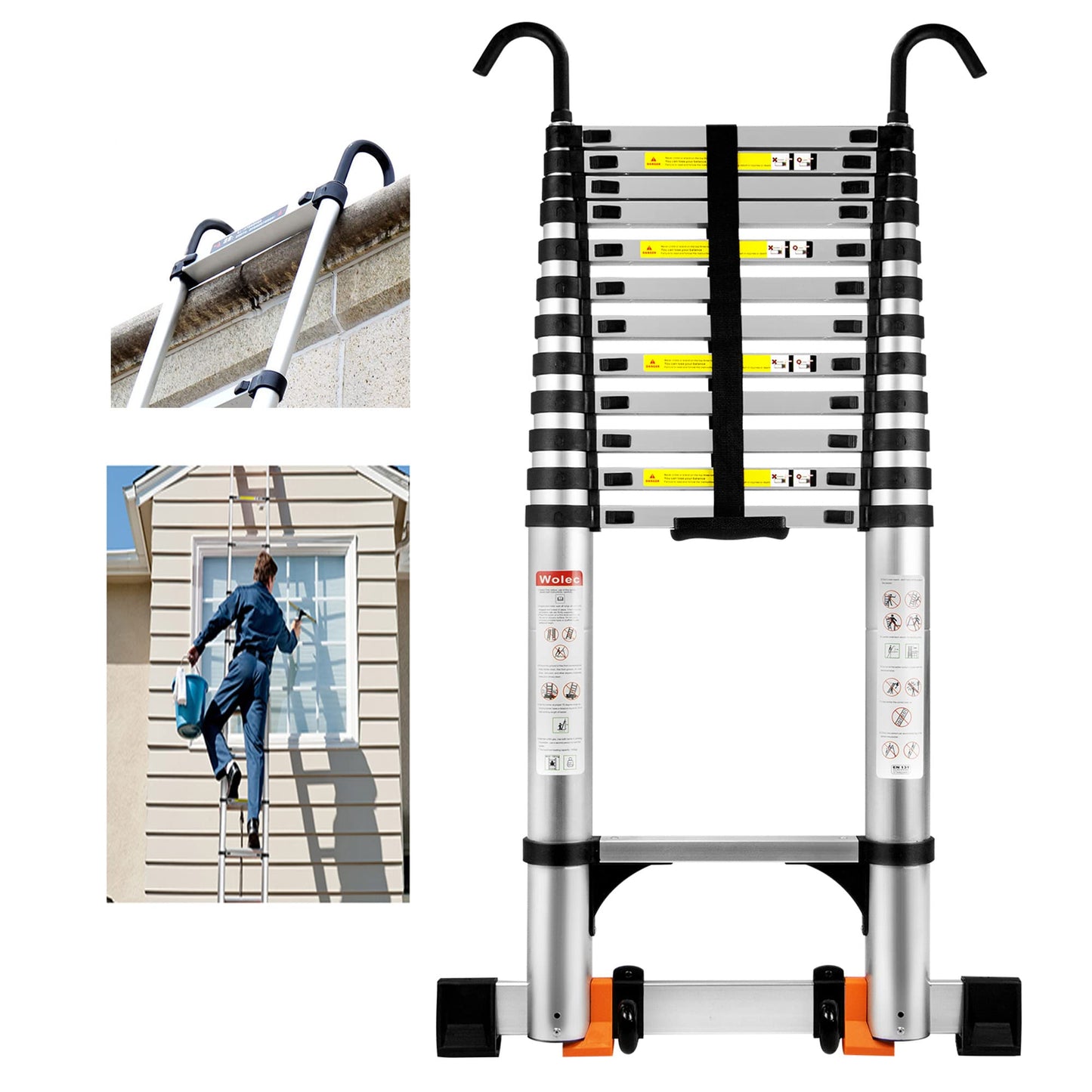 Wolec 16.5 FT Telescoping Ladder with Hooks, Adjustable Multi-Purpose Collapsible Extension with Stabilizers & Wheels, Heavy Duty 330 lbs Max Capacity, Ideal for Home and Outdoor Work,Silver