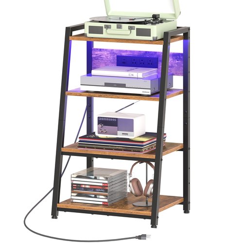 HOOBRO 4-Tier AV Media Stand with Charging Station and LED Light, Wooden Stereo Cabinet, Game Console Stand, Media Audio Rack, Record Player, Entertainment Center, Rustic Brown and Black BF106UDCJ01