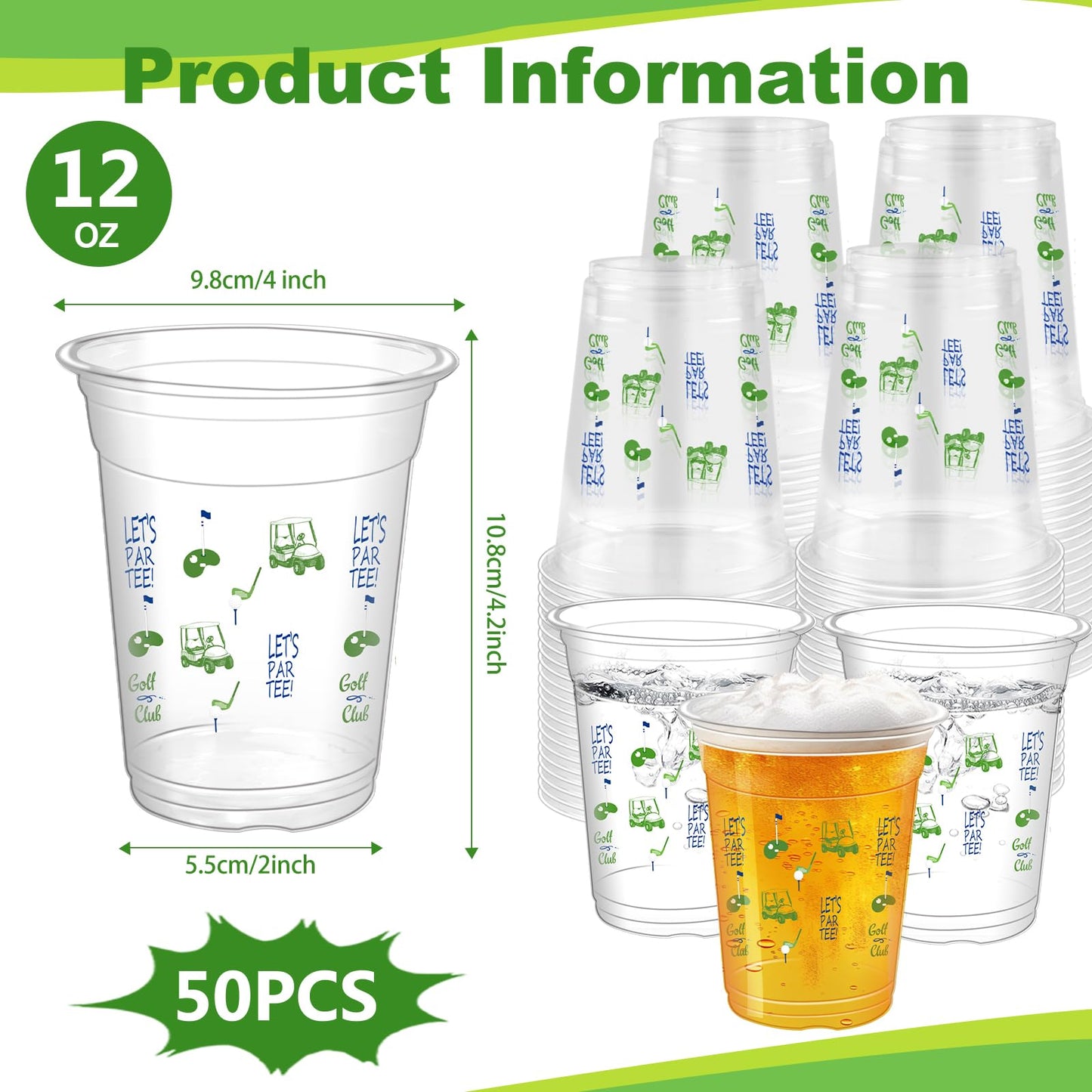 Xihaian 50 Pcs Golf Ball Party Cups,12oz Green Disposable Masters Birthday Bachelor Party Decorations Supplies for Golf Sport Themed Party Favors