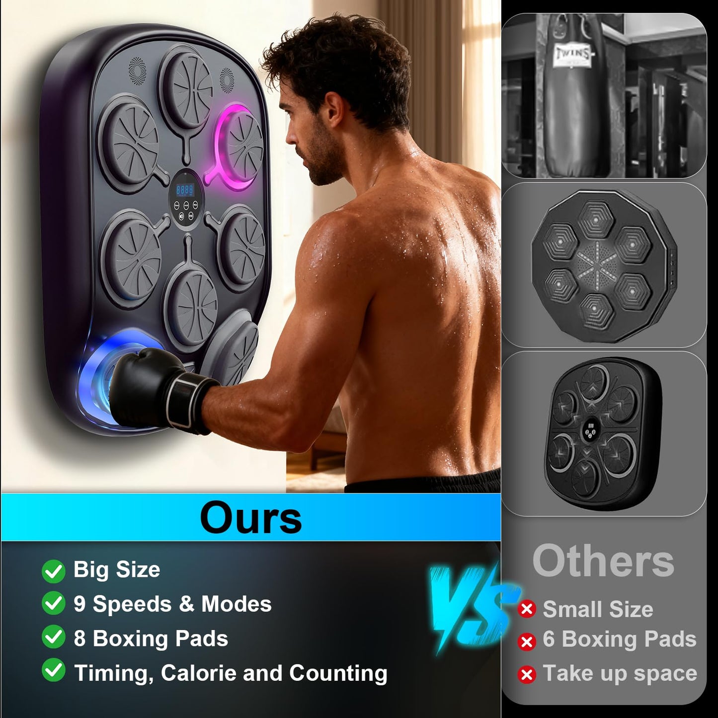 Music Boxing Machine, Bluetooth Smart Music Punching Machine for Adults, 8-Target Wall-Mounted Workout/Training Equipment with Boxing Gloves, Suitable for Home Gym Office Indoor Exercise