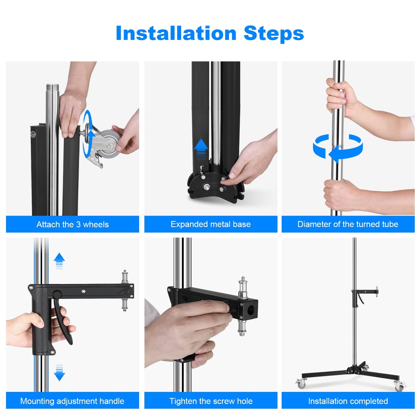 Heavy Duty Pistol Grip Stand, 2.5m/8.2ft Photography Rolling Light Stand with Casters & A Sliding Arm Max Loading: 20kg/44lb Stainless Steel for Photography Studio Monolight Softbox