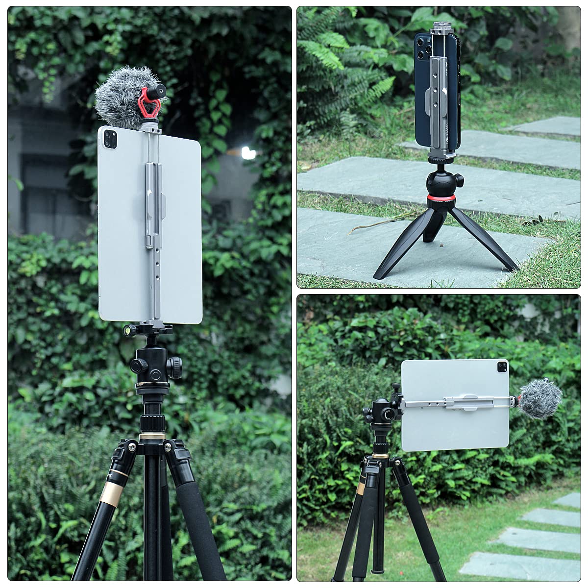Full Metal Tablet Tripod Mount 7.9 -12.9 Inch Tablet Holder Horizontally & Vertically Position with 1 Rotatable Cold Shoe, 2 Arca Swiss Plate for iPad Video Camera Vlog Shooting Live Streaming