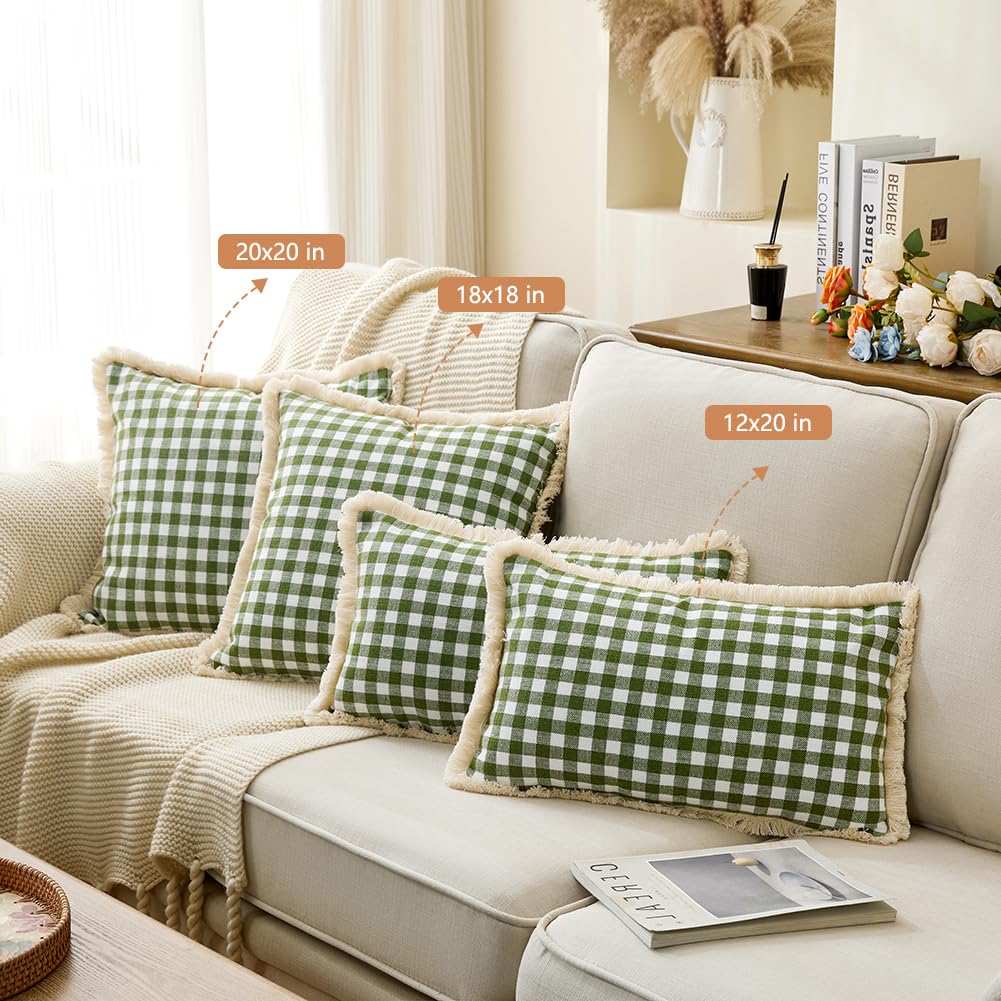 18x18 Spring Sage Green Gingham Farmhouse Pillow Covers with Ruffle Trim