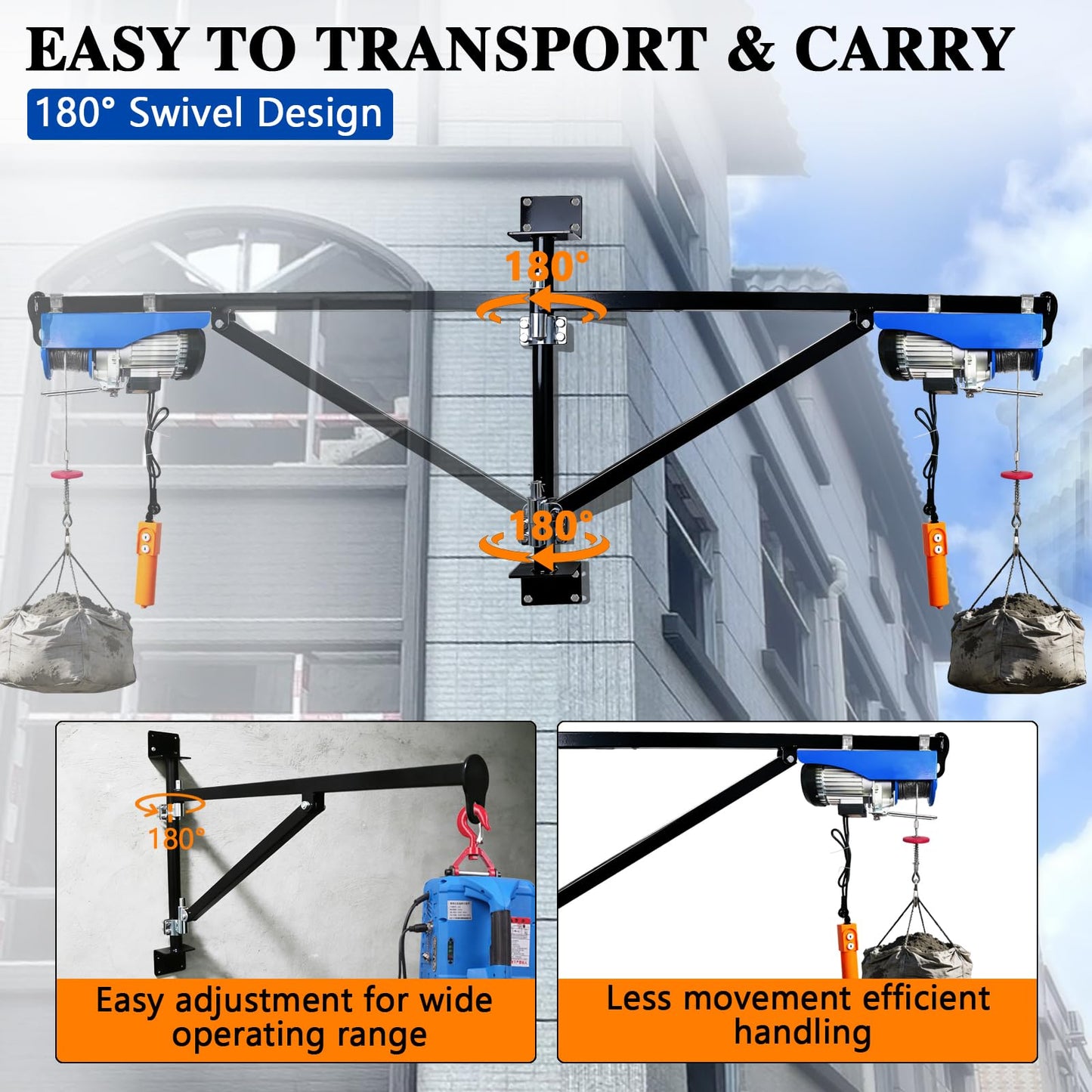 Erivanya Wall Mount Jib Crane, 180 Degree Rotation Electric Scaffolding Lift with 660lbs Max Load Capacity, Electric Hoist Holder Swing Arm with Pole