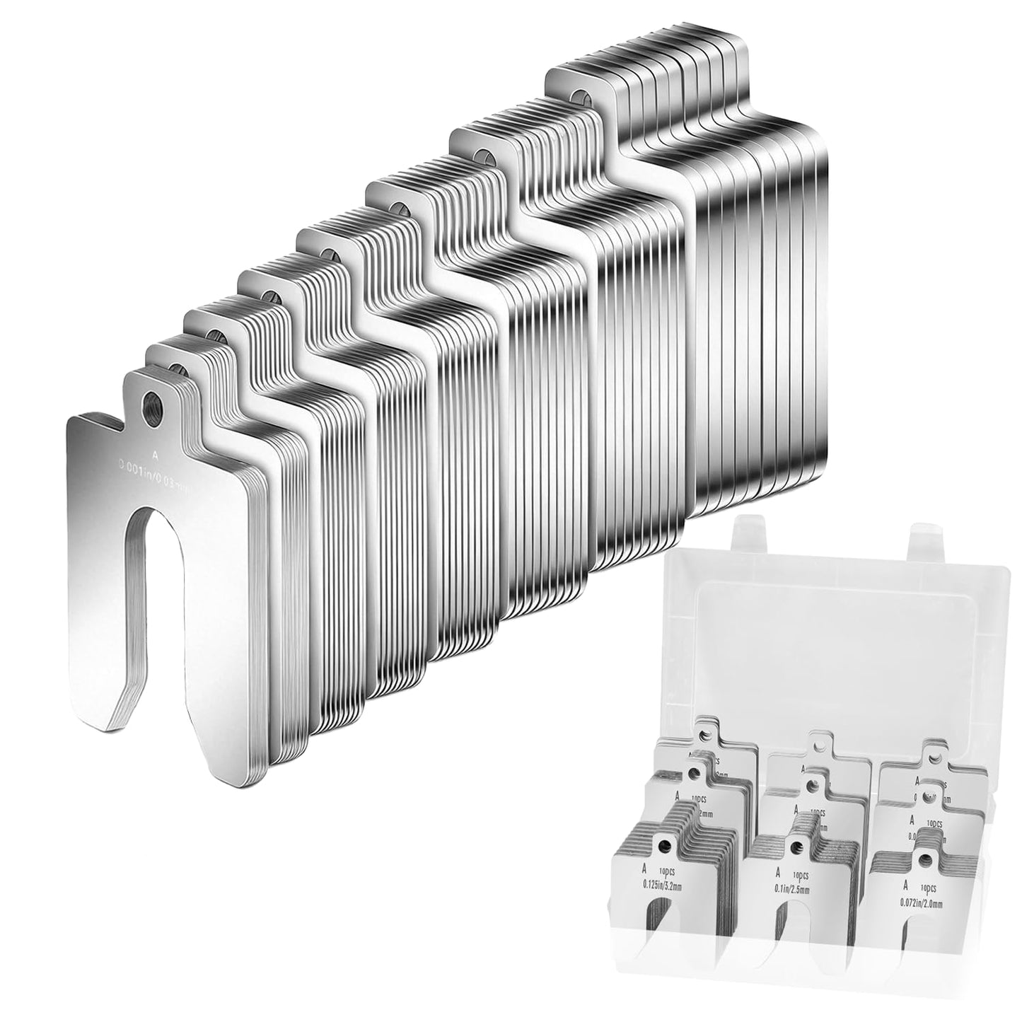 80 Pcs Size A 2" x 2" Stainless Steel Slotted Shims Kit，Stainless Steel Slotted Shim Shop Kit with 8 Thicknesses, Metal Shims Kit for Precise Leveling and Calibration of Machine Tools
