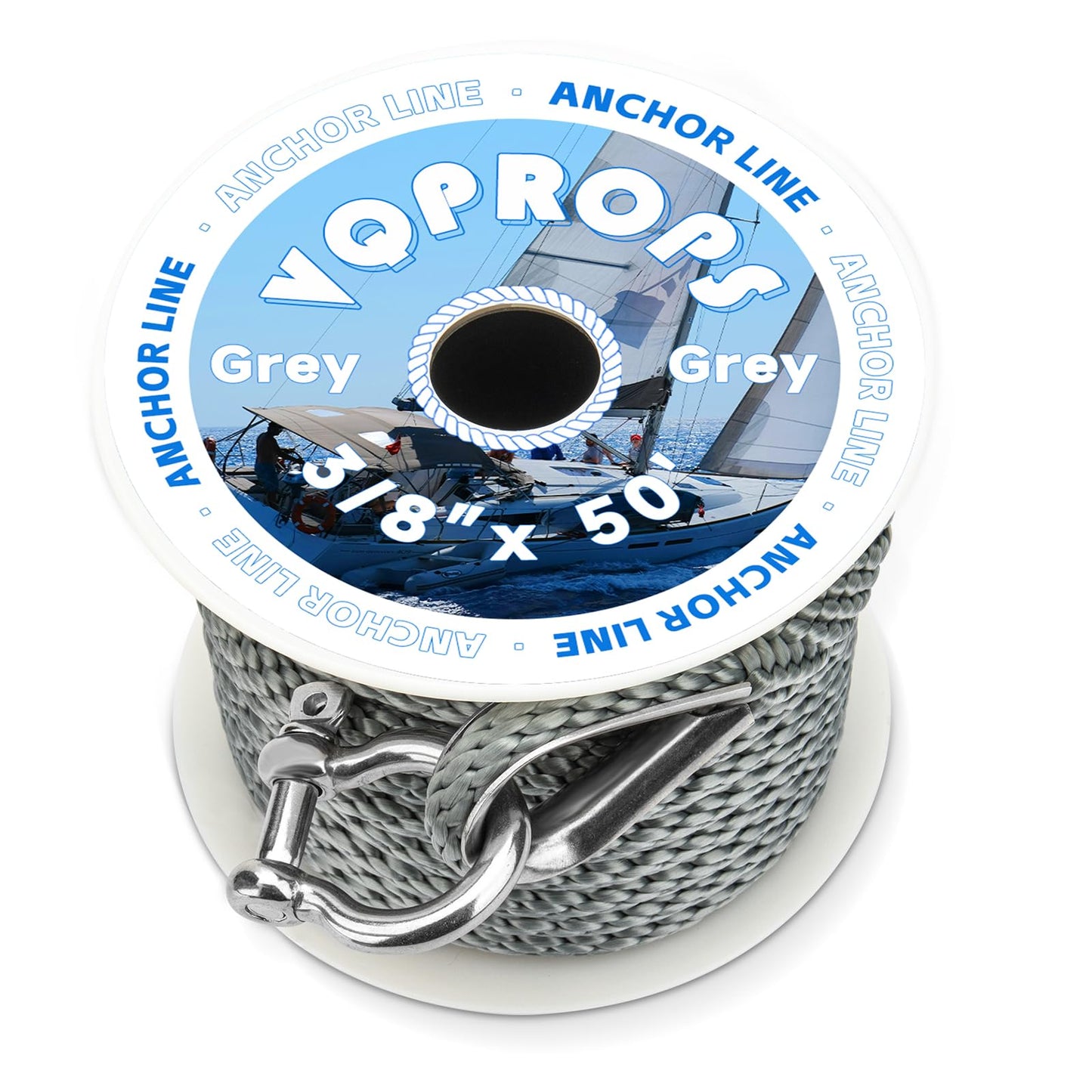 Anchor Line 3/8 inch 50ft. Grey Double Braided Nylon MFP Boat Anchor Rope ，with Stainless Steel Thimble and Shackle ，Anchor Line Fittings for Anchors and Boats Marine Rope