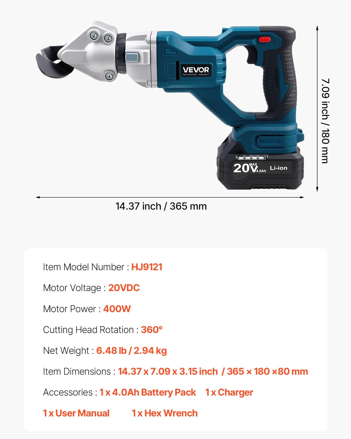 VEVOR Metal Shear, Cordless Sheet Metal Cutter with 360-Degree Pivoting Head, Double Blades, 110VAC 20VDC, Cuts 18 GA Galvanized Steel, 20 GA Stainless Steel, Aluminum, Plastic, Cardboard, 2800SPM