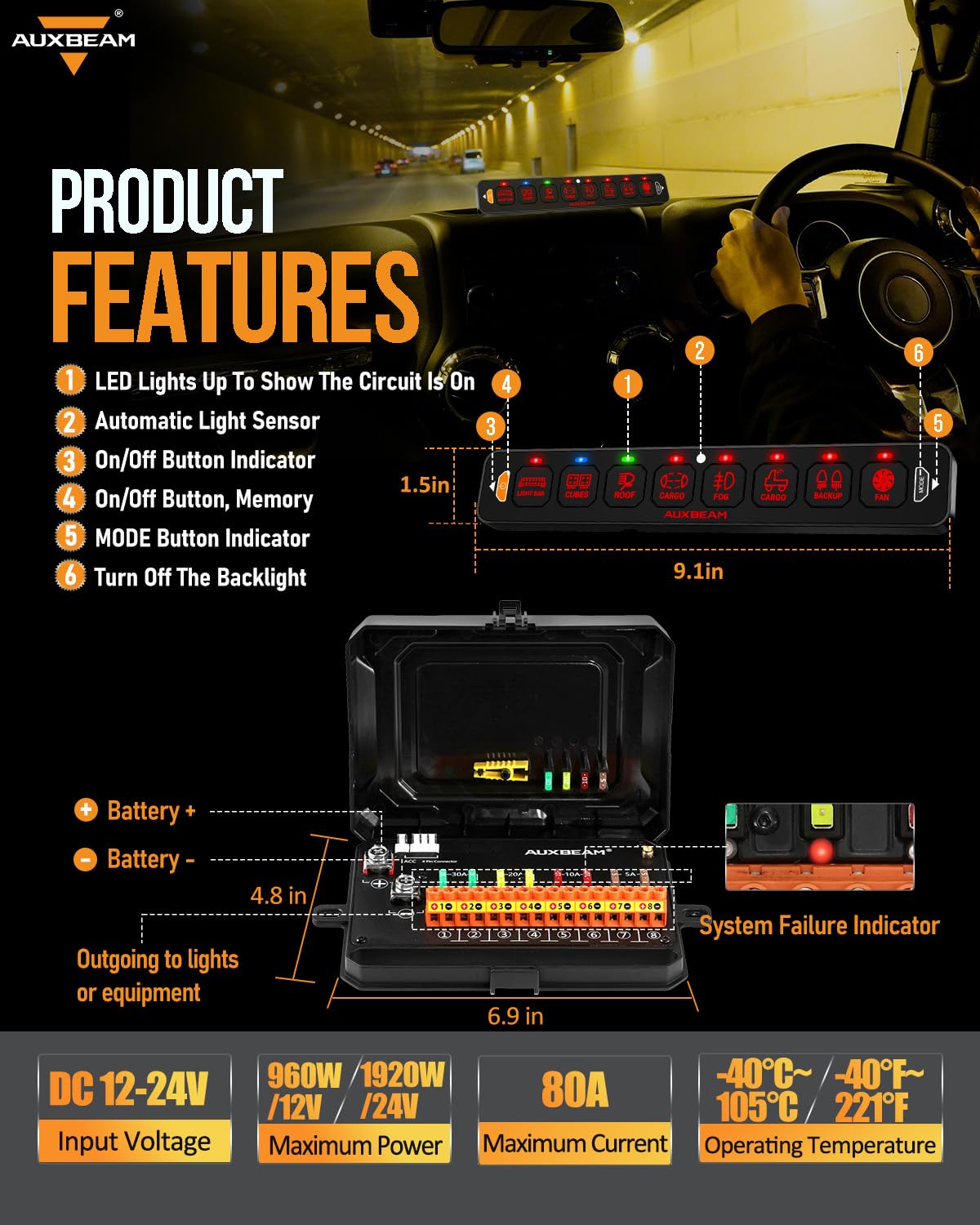 Auxbeam 8 Gang Slim Switch Panel Bluetooth RGB AS-800 with APP&Remote Control Toggle Momentary Pulsed 80A Switch Pod Off Backlight for 12-24V Truck Offroad UTV ATV Car Marine, 3 Years Warranty