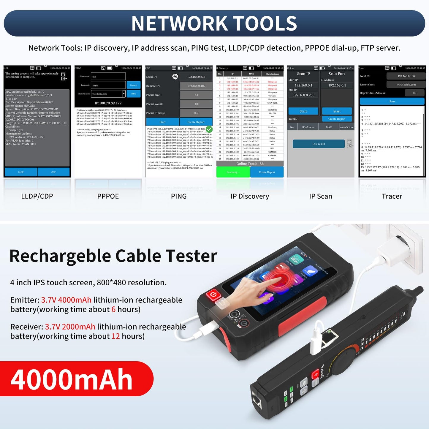 Multifunction Network Caber Tester,UTP Ethernet Cable Tester,Cable Tracer,4" IPS Touch Screen Network Tester Support DMM,OPM,Network Tools,POE++ Detect,RJ45 TDR,Length,FTP,NCV,IP/LLDP/CDP/PD/PPPOE