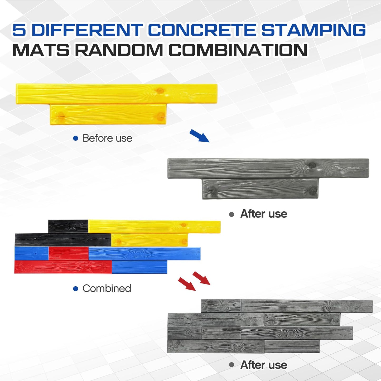 AmazingSpark 5 Pcs Concrete Stamping Mats Set, Concrete Texture Mat Polyurethane Reusable Slate Stamp Soft Hard Molds with Handles Durable for Patio Wall Floors Driveways Walkways (Rectangle,4 Colors)