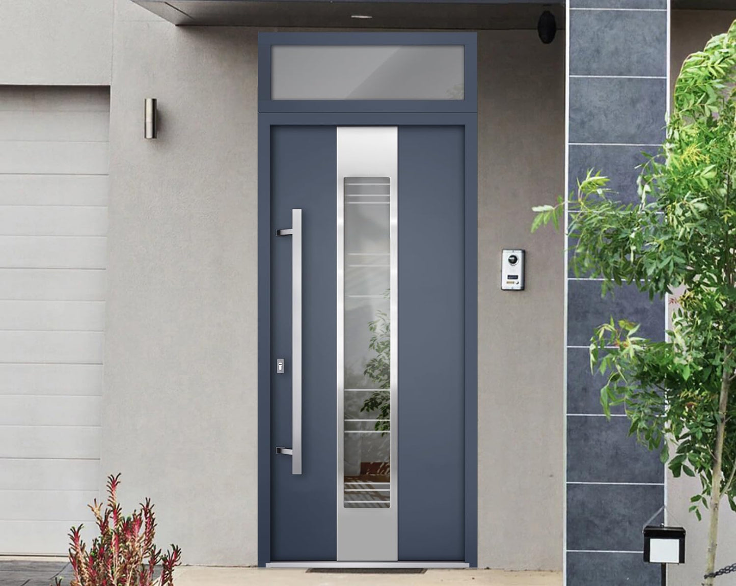 VDOMDOORS Front Exterior Prehung Steel Door/Deux 5755 Gray Graphite/Top Exterior Window/Stainless Inserts Single Modern Painted-W36 x H80+16"-Left-Hand Inswing