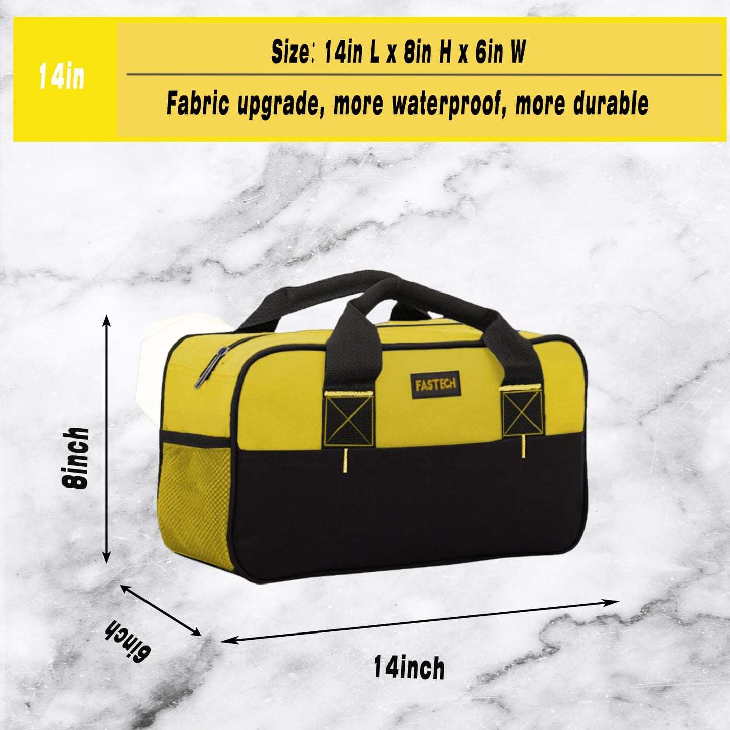 FASTECH 14 Inch Zipper Tool Bag, Small Wide Mouth Tool Tote Bag, Waterproof Tool Organizer Tote, Soft Handle Carrying Toolbag For Various Tools (Yellow)