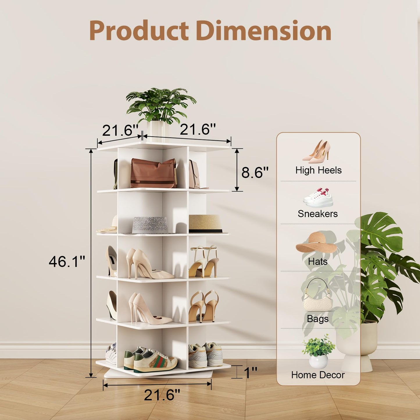 Yuncraft Rotating Shoe Rack Tower, PVC Material Structure, 5-Tier 360° Swivel Lightweight Shoe Organizer, Space-Saving Spinning Shoe Shelf for Entryway, Closet, Bedroom Nook