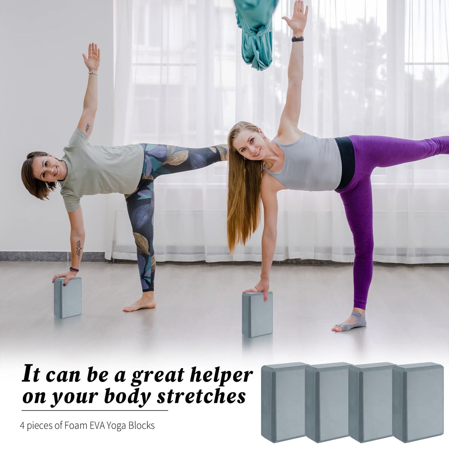 4 Pcs Yoga Blocks Soft EVA Foam Supportive Yoga Brick Non Slip Exercise Block Equipment for Pilates Exercise Workout Meditation Supplies, Grey, 9 x 6 x 3 Inches