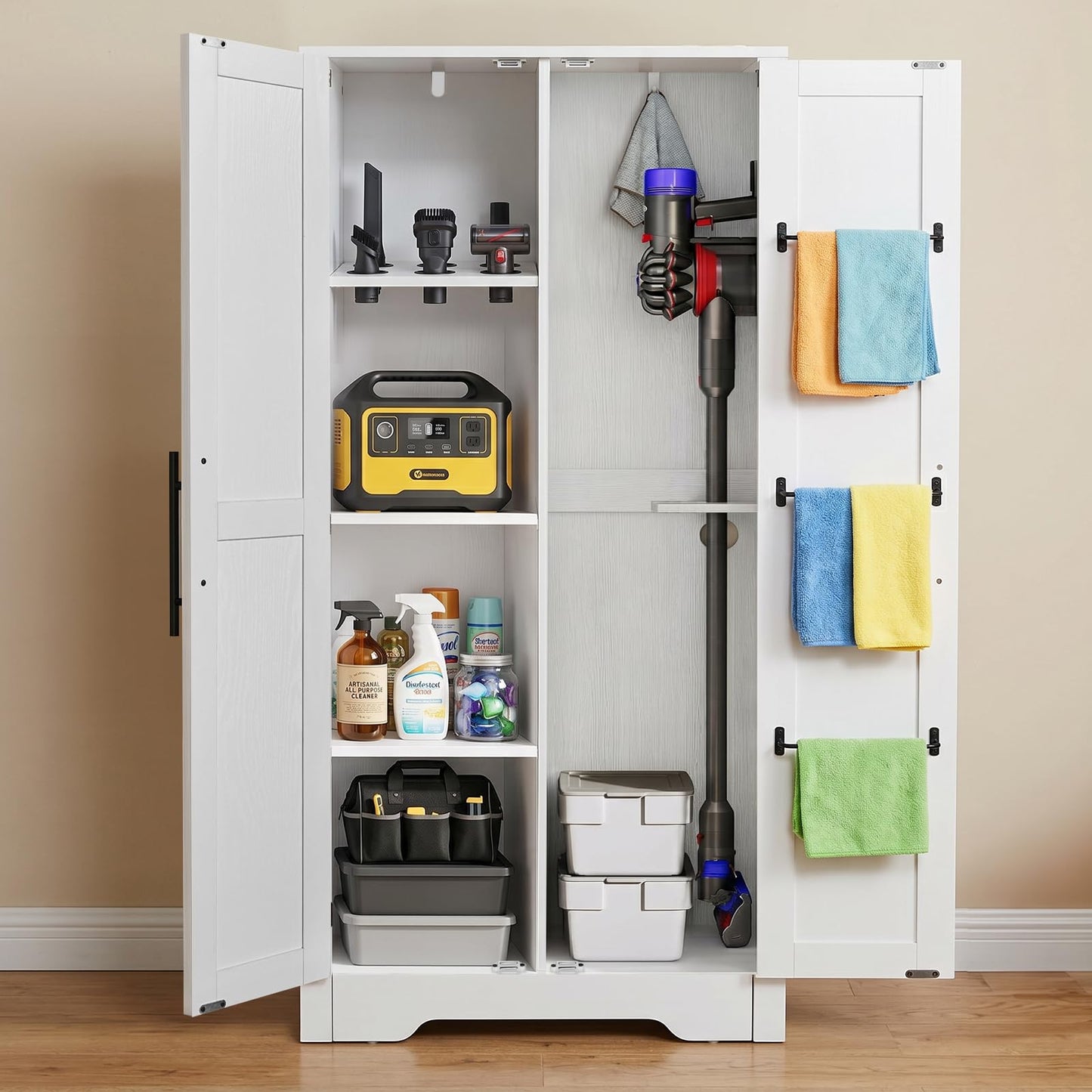 NORTHSKY Wooden Storage Cabinet, Broom Closet & Vacuum Cleaner Storage Compatible with Dyson Vacuum, Utility Cabinet for Brooms and Mops, Cleaning Tool Cabinet w/Doors for Garage, Office, Home (White)