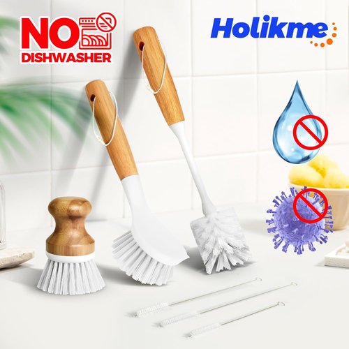 Holikme Dish Brush Set - 6 Pack with Long Handle, Bottle Brush & Palm Scrub for All Cookware - White
