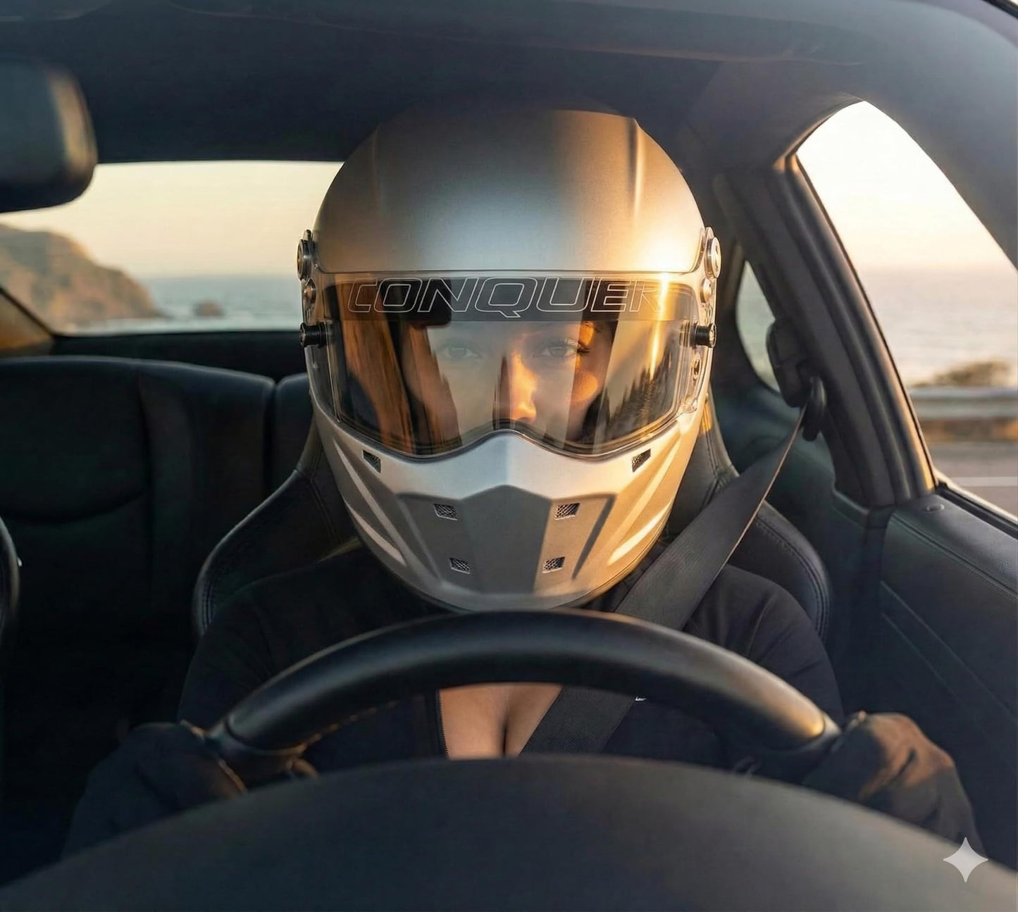 Conquer Snell SA2025 Approved Full Face Auto Racing Race Car Helmet - Adult | Men | Women | - Black / White / Silver (Silver, XL)