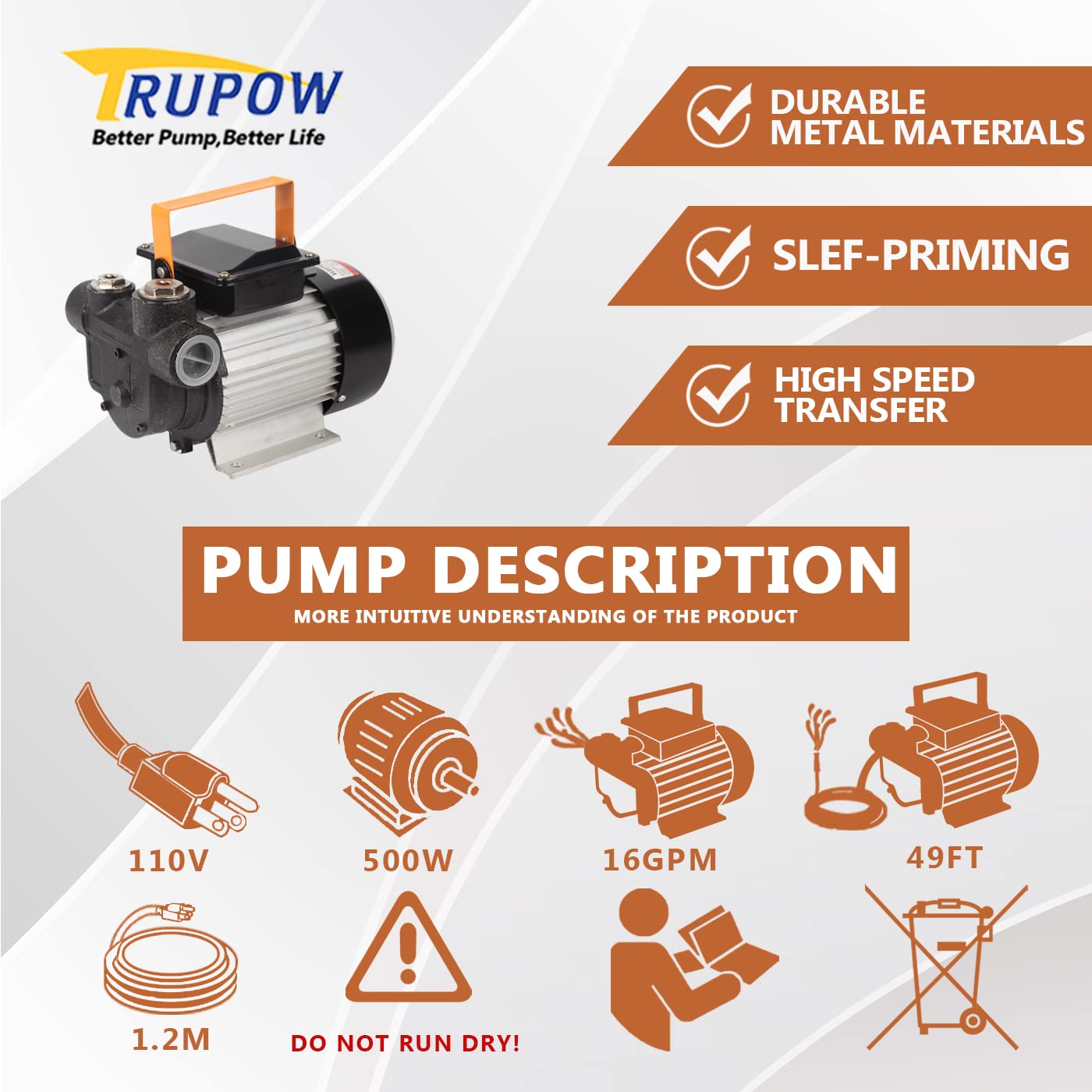 Trupow 110V AC 16GPM Electric Self-Priming Diesel Kerosene Biodiesel Oil Fuel Transfer Pump