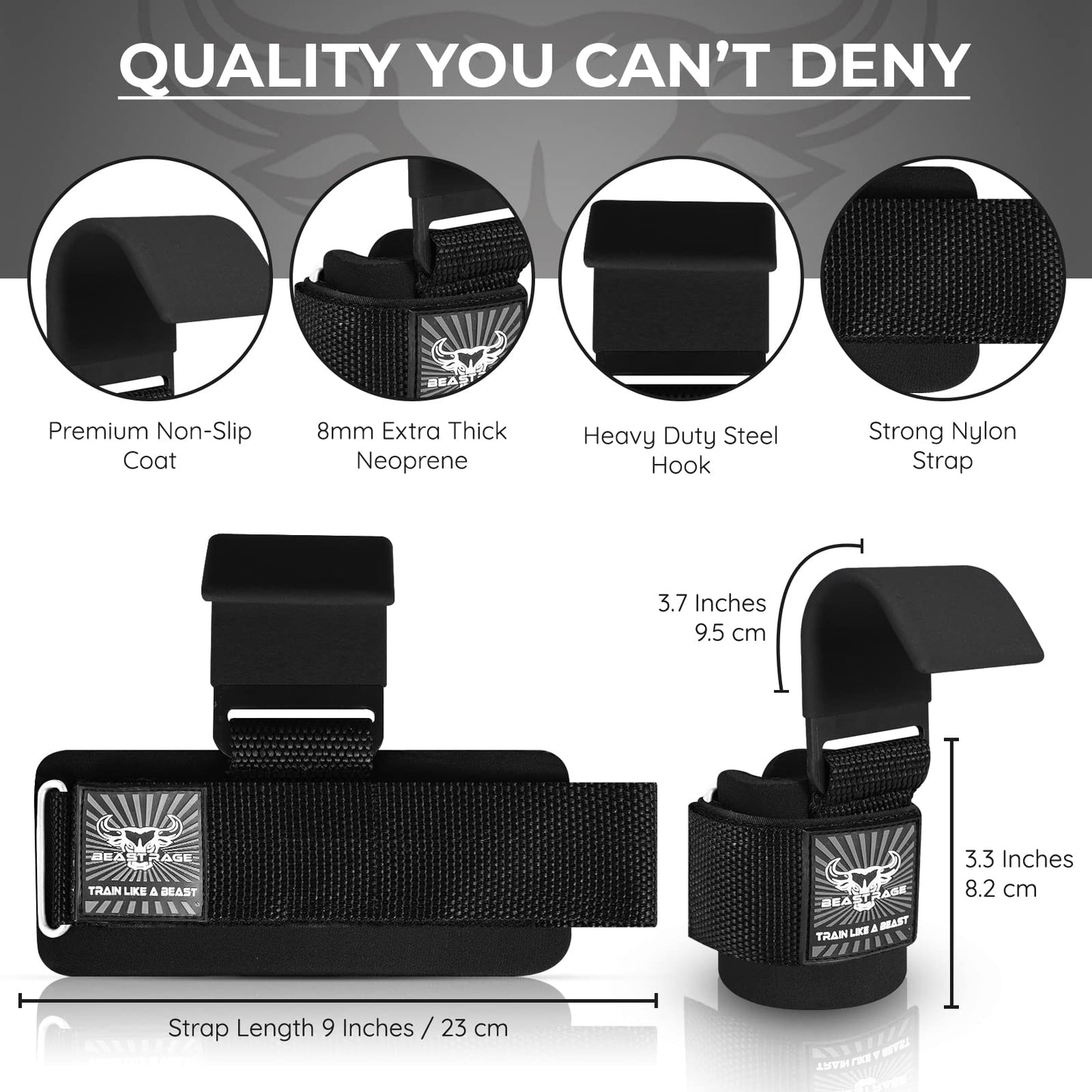 BEAST RAGE Workout Hooks for Men, Durable Coated Grip Gym Straps for Weightlifting Wrist Wraps Training Weight Lifting Strength Fitness Bodybuilding Anti Slip Women Hook Exercise (Black)