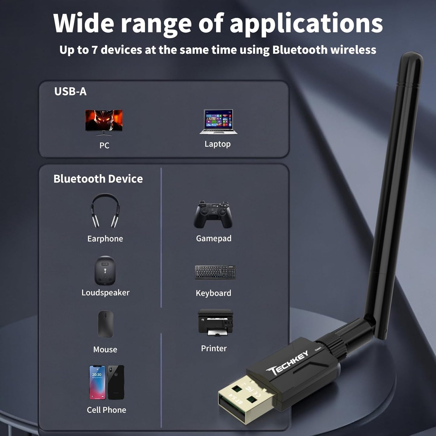 Techkey 5.4 500FT 5dBi 11/10/8.1, Headphones/Headset/Speaker/Mouse/Keyboard/Printer USB Bluetooth Adapter for Desktop