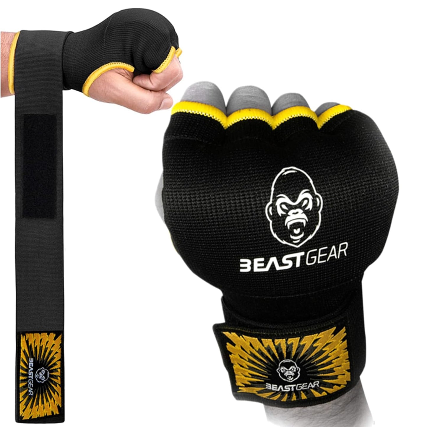 Beast Gear Hand Wraps Boxing Inner Gloves with Gel Padded, Quick 100cm Wrist Straps for Men & Women - MMA, Muay Thai, Kickboxing & Martial Arts Training (L)