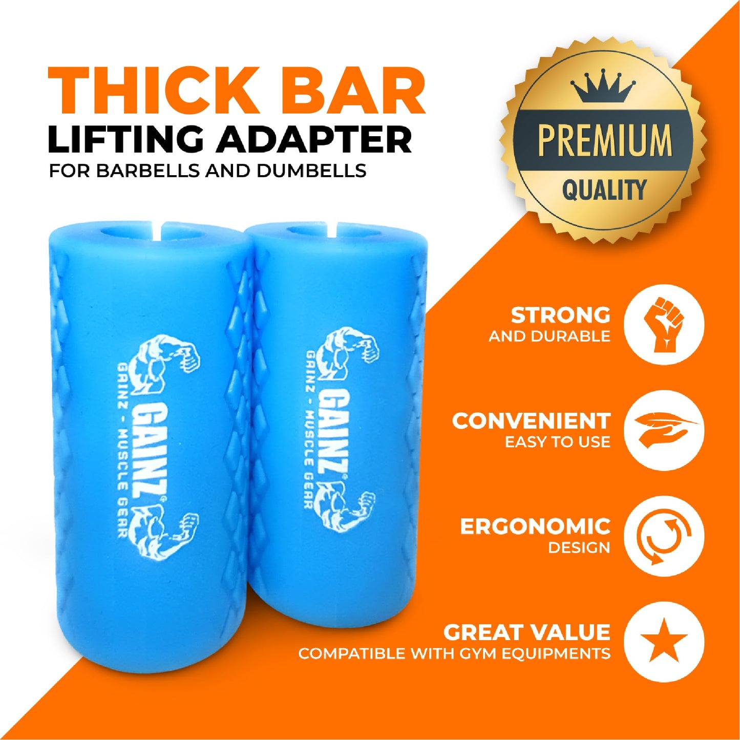Gainz - Thick Bar Dumbell/Barbell Weight Lifting Adapters - Grow Bigger Biceps - Training, Bodybuilding (Set of 2) (Blue)